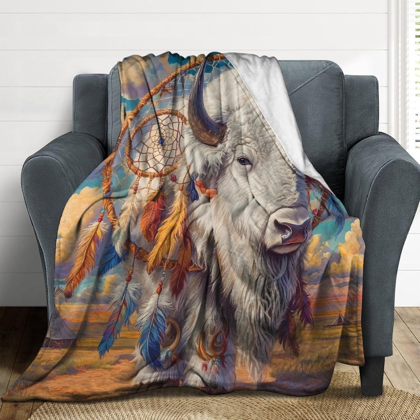 White Bison Dreamcatchers Fleece Bed Blankets Soft Throw Blanket Lightweight Plush Home Decor Gifts 60"*80"（150 * 200cm）