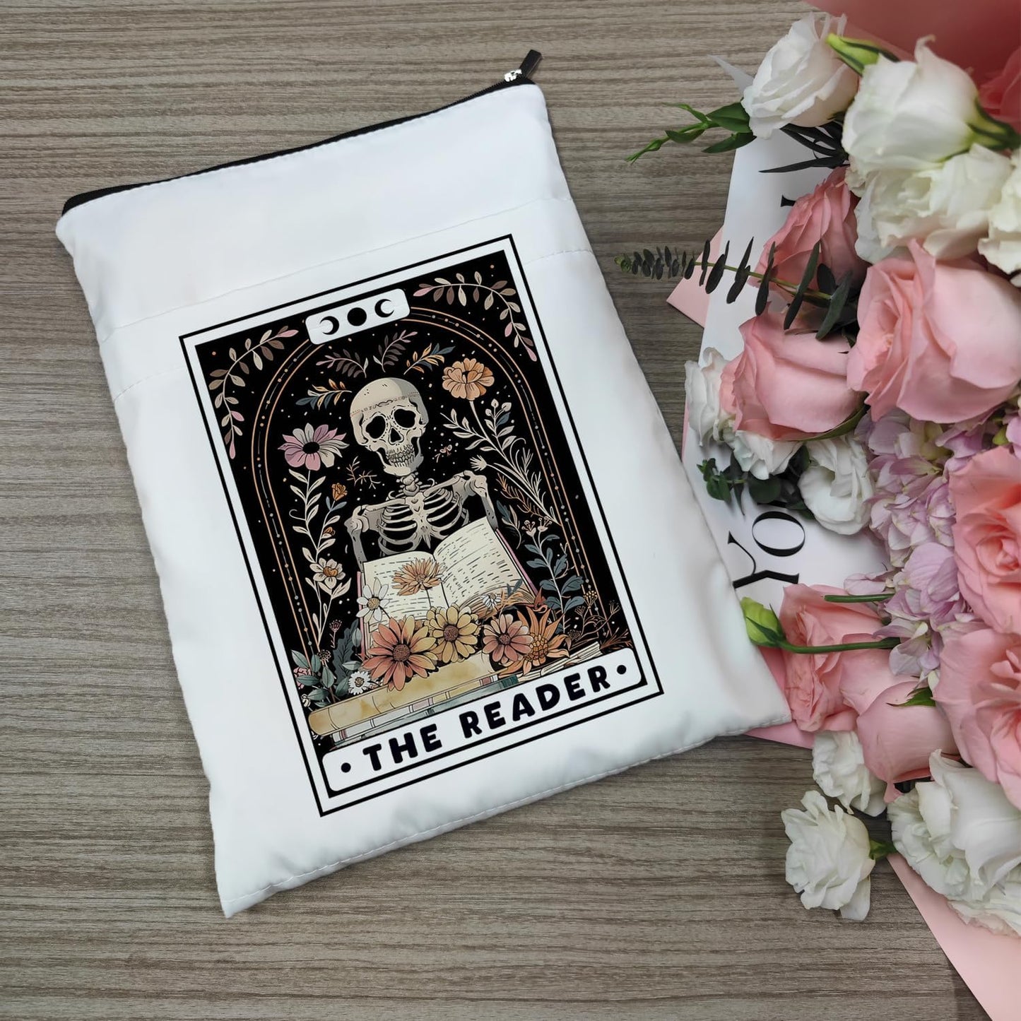 Book Sleeve with Zipper, Book Sleeve for Book Lovers, The Reader Tarot Card Book Sleeves, Book Pouch Kindle Protector, Gifts for Women Teacher Librarian Bookworm Bookish (White-B, Large)