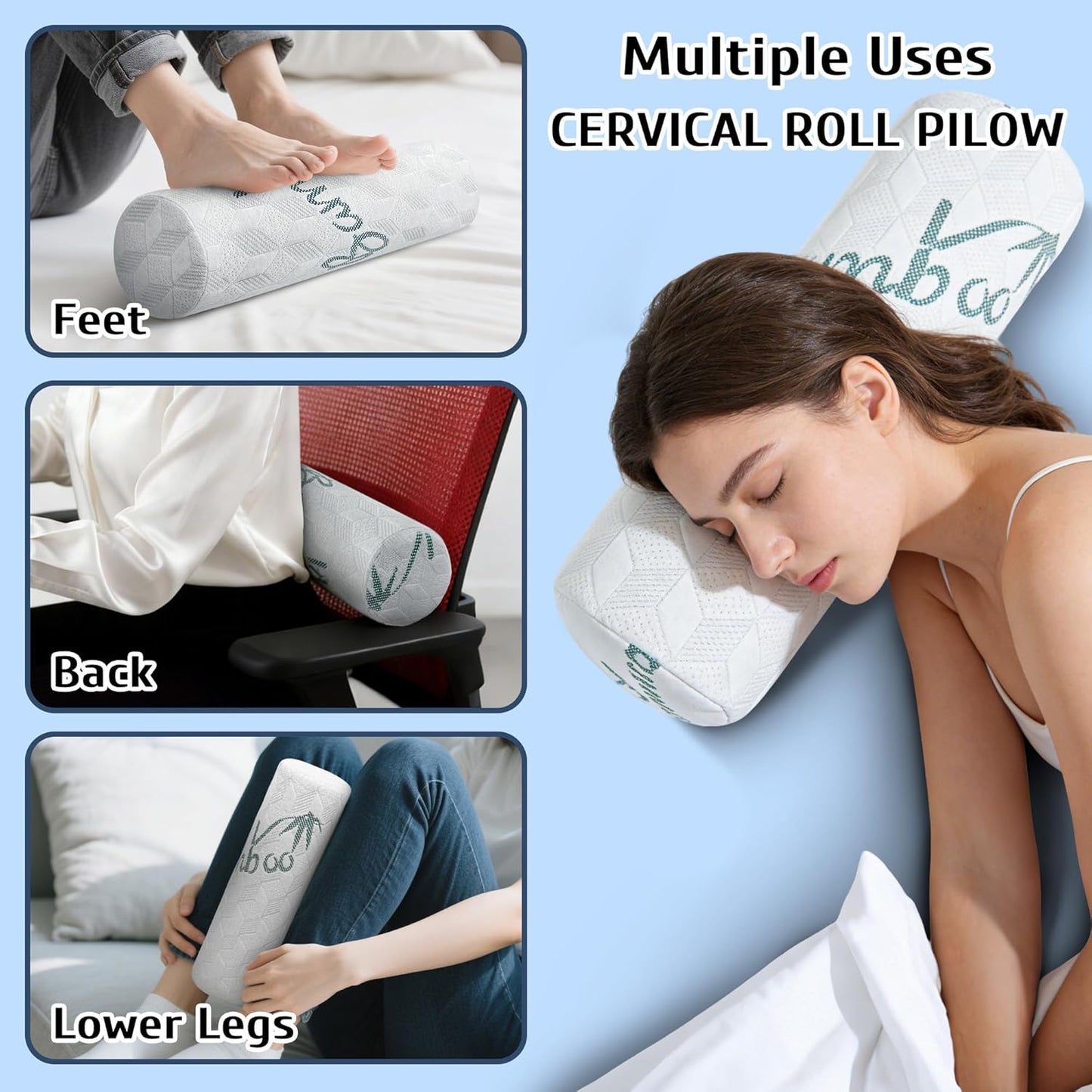 Cervical Roll Pillow, 2 Pack Round Bolster Pillow with Removable Washable Cover for Neck, Back, Leg, and Knee Support, 5" x 17"