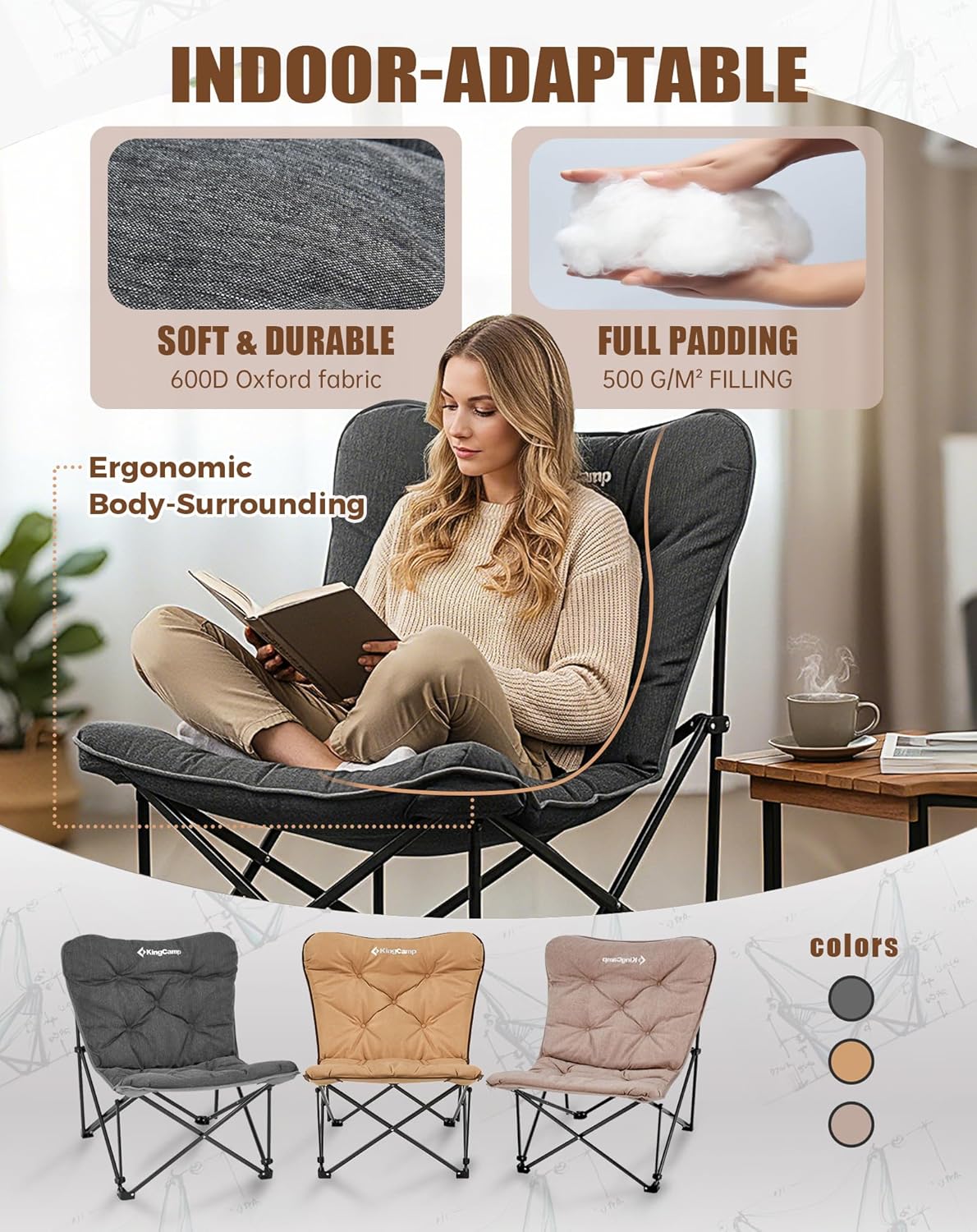 KingCamp Folding Comfy Butterfly Chair Oversized Padded Camping Chairs for Adults Comfortable Camp Chair 300lbs Heavy Duty with High Back for Outdoor Lawn Patio Bedroom Living Room Dorm