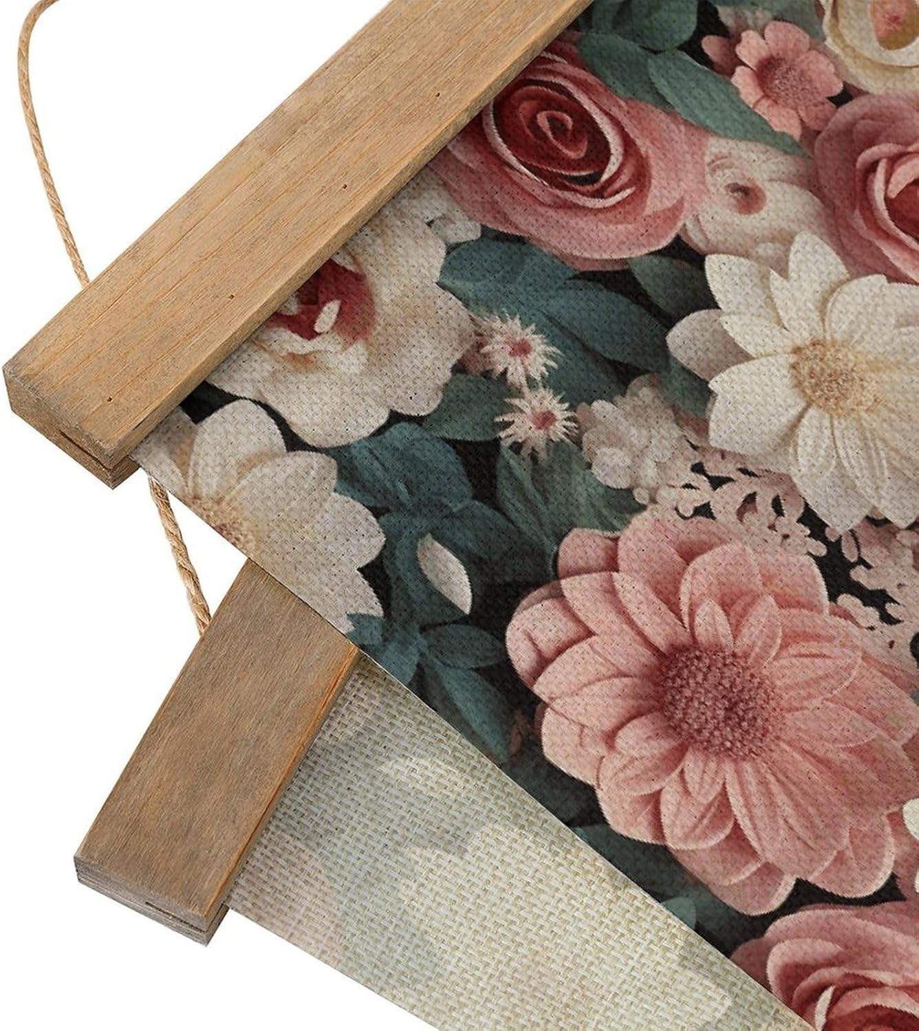 Vintage Flowers with Pink And Green Leaves Poster with Wooden Frame Personalized Linen Hanging Scroll Painting Rustic Wall Hanging Illustrative Modern Artwork Decor for Home Living Room Bedroom Office