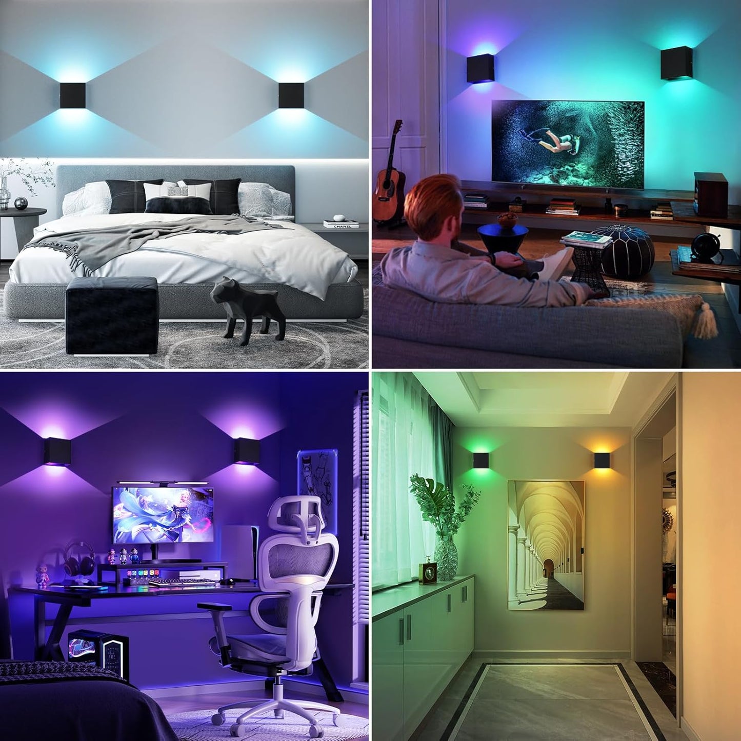 Battery Wall Sconces Set of Two, Rechargeable Colored Wall Lights with Remote, Stick Up and Down Indoor Lighting Cordless Sconce for Hallway, Black