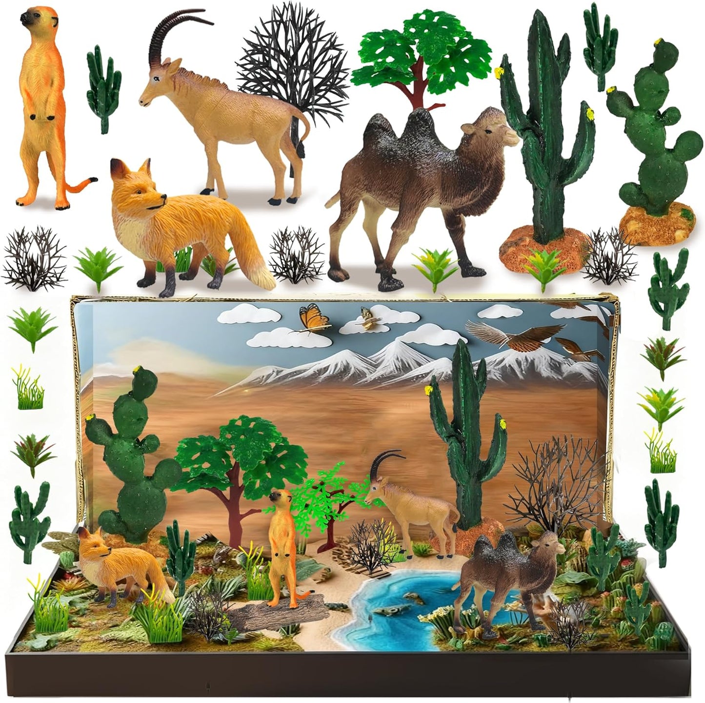 MOMOONNON 34pcs Desert Animal Figures Mixed Diorama Model Plants Artificial Animals with Camel Fox Meerkatz Gazelle for Crafts Building Model Desert Scenery Landscape Supplies