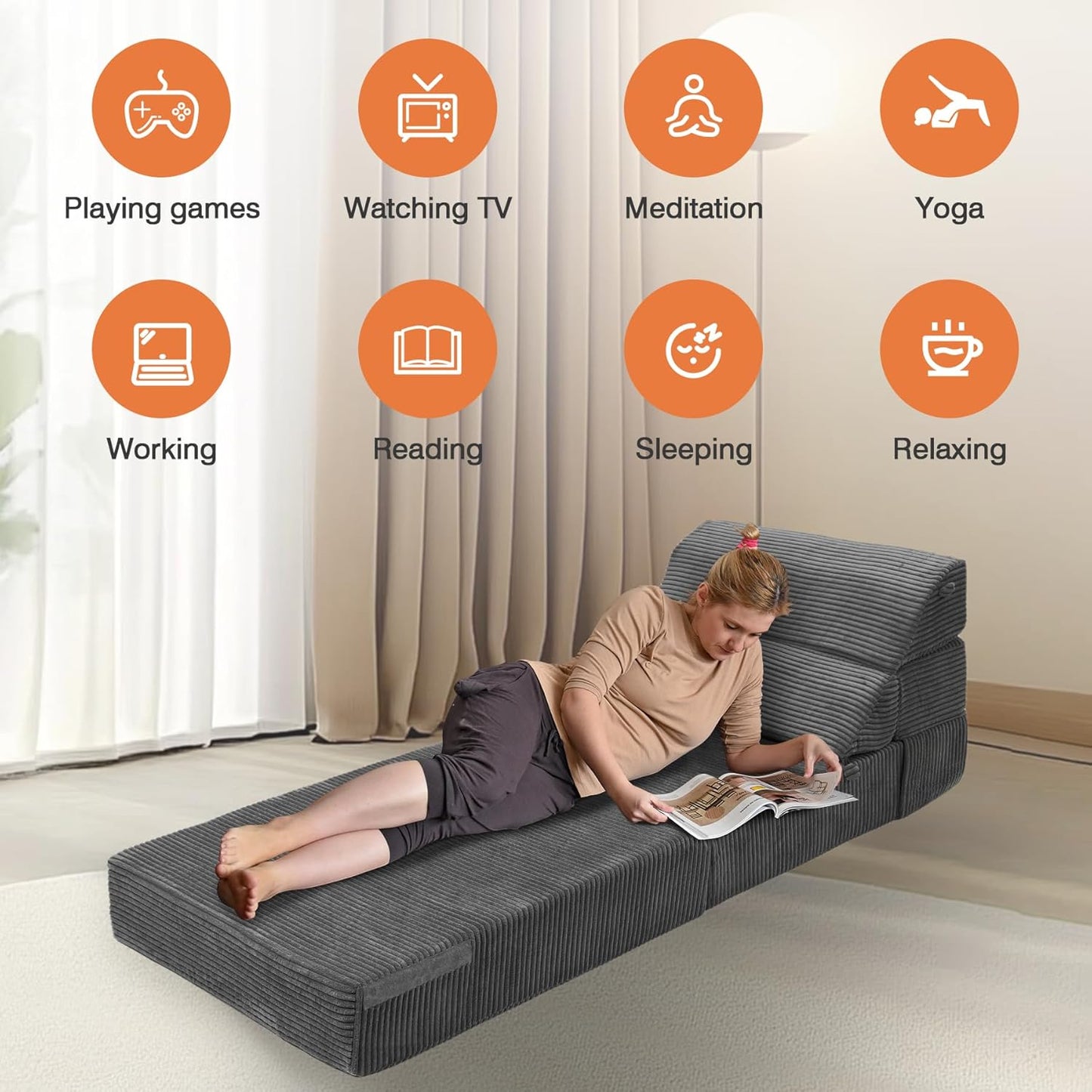 Comfy Folding Sofa Bed - Convertible Sleeper Sofa Fold Out Sofa Bed Sleeper Chair Couch for Living Room Guest, Foldable Floor Chairs Lounger Mattress with Back Support, Dark Grey