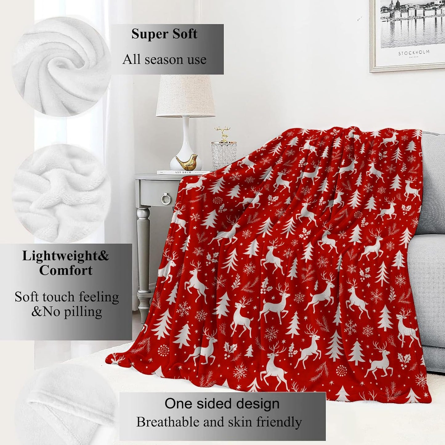Red and White Reindeer Blanket Christmas Holiday Decor Winter Forest Xmas Throw Gifts for Adults Lightweight Soft Fleece Snowflakes Pine Tree Blankets for Bed Couch Festive Decoration 40x50in