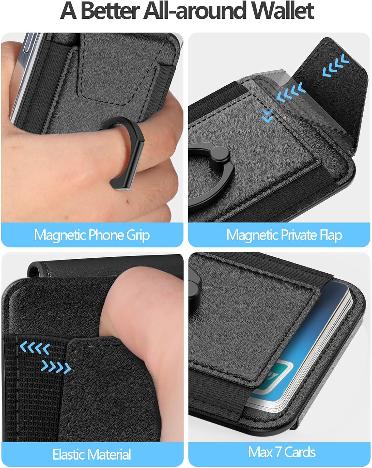 For Magsafe Wallet with Grip, 6-Card Holder, Stronger Magnetic Card Wallet Holder for iPhone 17/16/15, iPhone 14/13/12 Series, Leather Magnetic Phone Wallet with Privacy Flap, RFID Blocking, Black