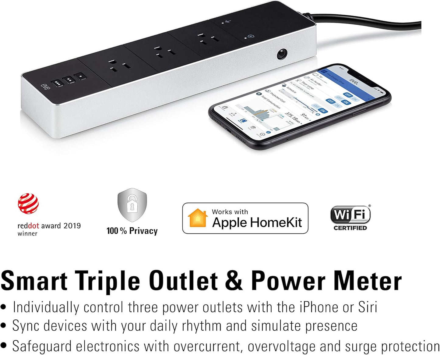 Eve Energy Strip - Smart Triple Outlet & Power Meter for Apple Home, Built-in Schedules & Switches, Surge Protection, overcurrent Protection, overvoltage Protection, Energy metering