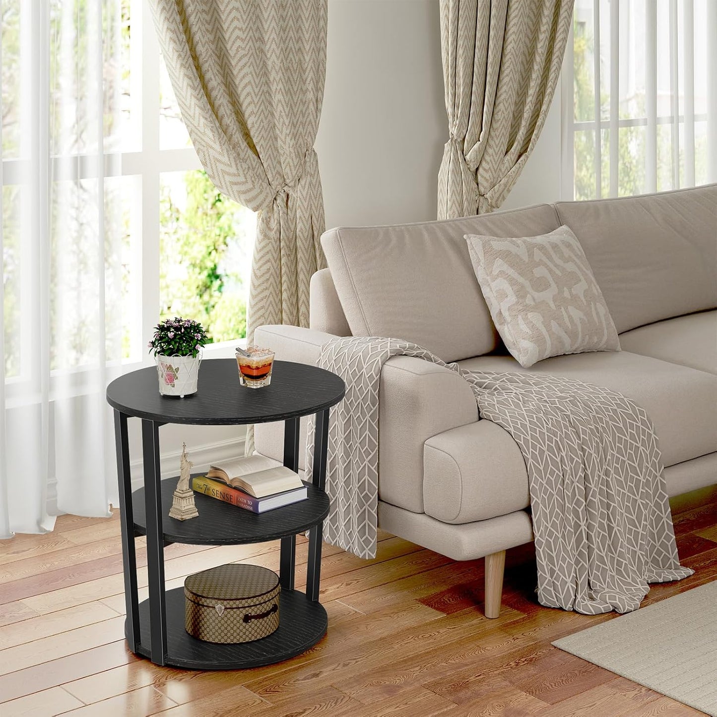 Round Side Table, 3-Tier Rotating Side Table, Big Shelf End Table Living Room with Lazy Susan, Nightstand for Small Spaces Living Room Bedroom Sofa, Pure Black