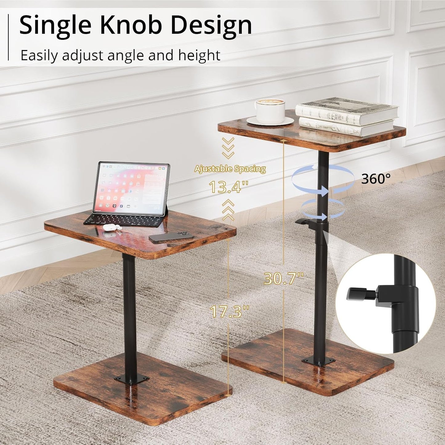 TV Trays for Eating on Couch - Height Adjustable C Shaped End Table with 360° Swivel, Slide Under Sofa Side Table for Small Spaces, Snack Table for Bed Chair Living Room Bedroom Laptop, Rustic Brown