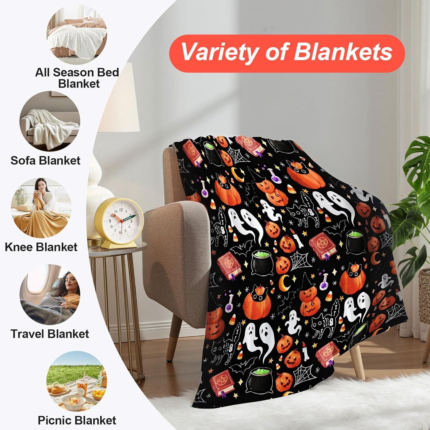 50"x40" Vintage Halloween Throw Blanket,Witch Spider Webs Bat Pumpkin Skull Gothic Blanket, Festival All Seasons Warm Cozy for Sofa Chairs Bed Office Home Women GIrls Gift (Halloween Blanket 4)