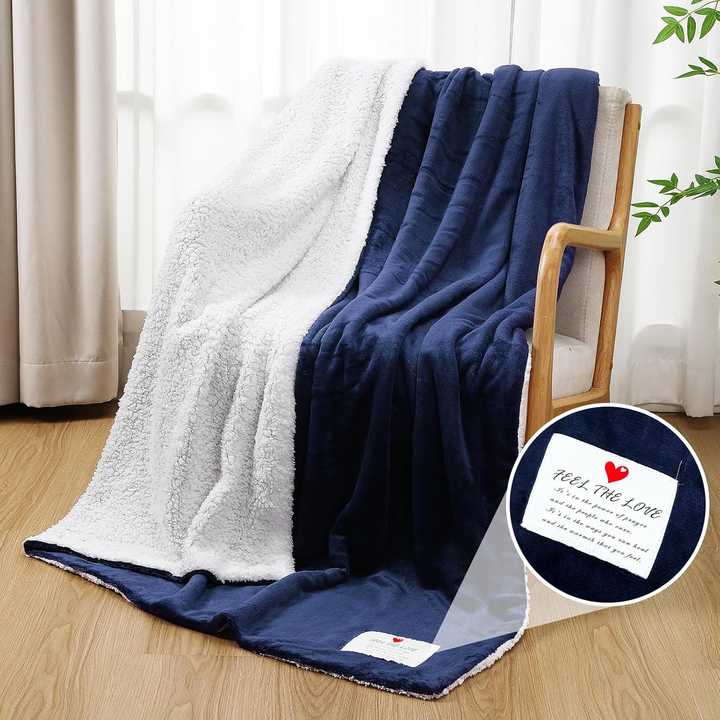 Prayer Comfort Blanket for Men Women 60"x80" Inspirational Healing Sherpa Blanket Flannel Throw with Motivational Quotes Message for Chemo Patient Surgery Recovery Cancer Care Gift(Navy Blue)