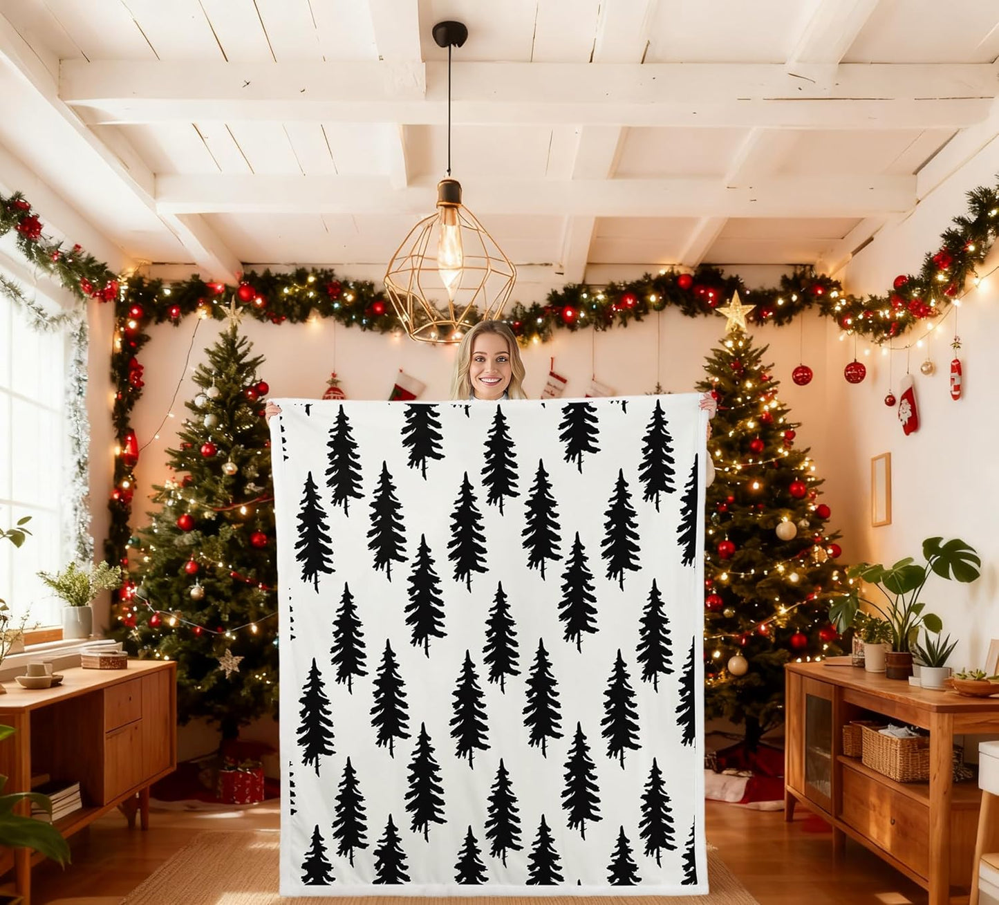 Christmas Pine Trees Print Decor Throw Blanket Black Plant White Hand Sketch Graffiti Bed Throws for Adult Bed Chair Sofa,Soft Lightweight Polyester Fleece Blanket, Throw Size (50 x 60 Inches)