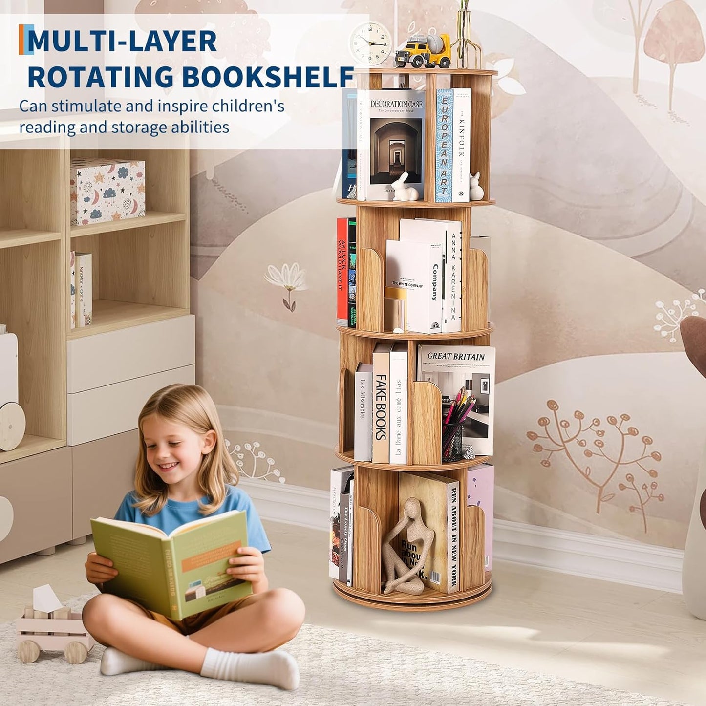 4 Tier Rotating Bookshelf, Compact Corner Bookcase for Small Spaces 360° Display Wood Spinning Storage Organizer for Bedroom, Living Room, and Kids' Rooms Wood