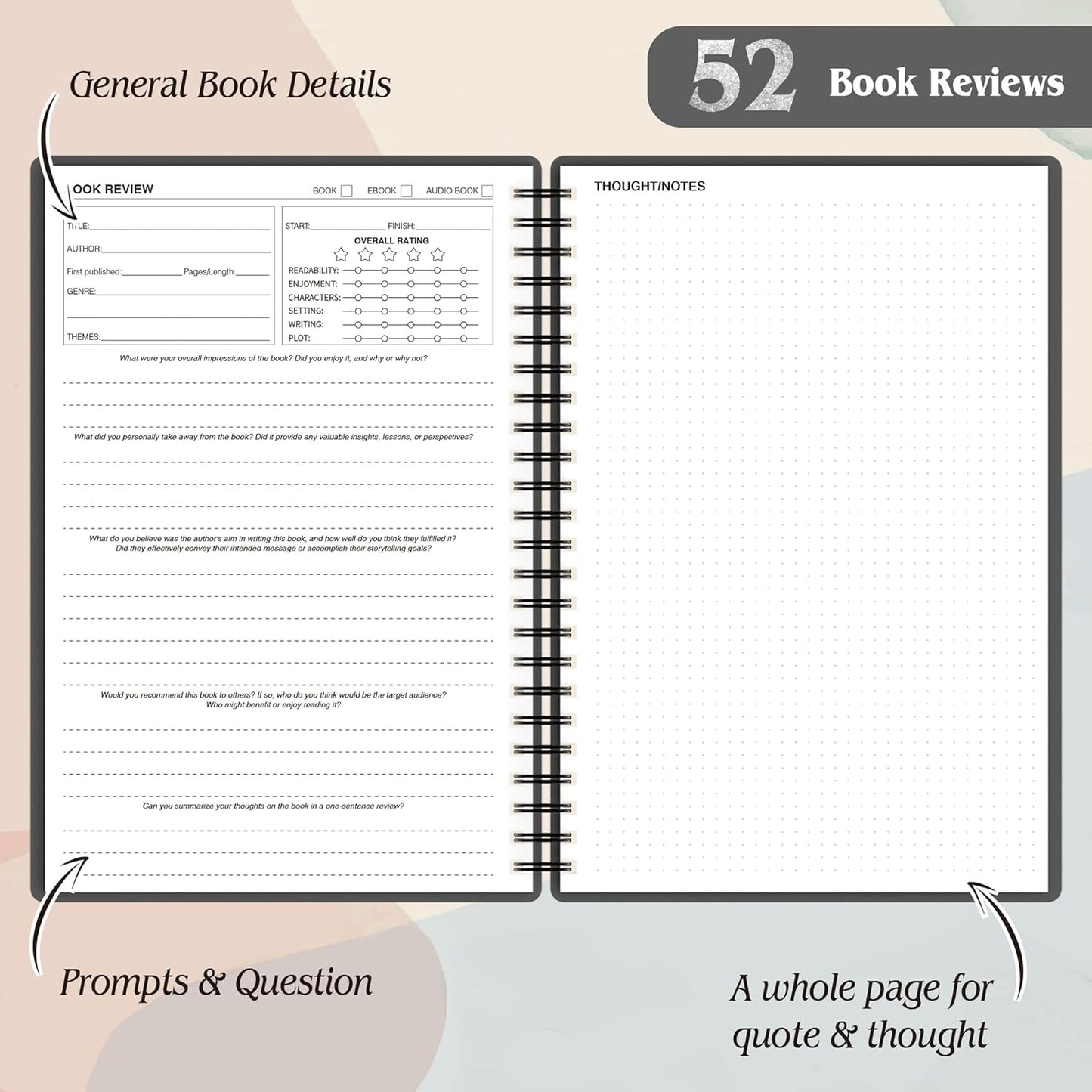 snootion Reading Journal - Book Journal Reading Log for Review and Track Your Reading Progress - Gift Book Accessories for Book Lovers and Voracious Readers-52 Books, A5 Size (Black Golden)