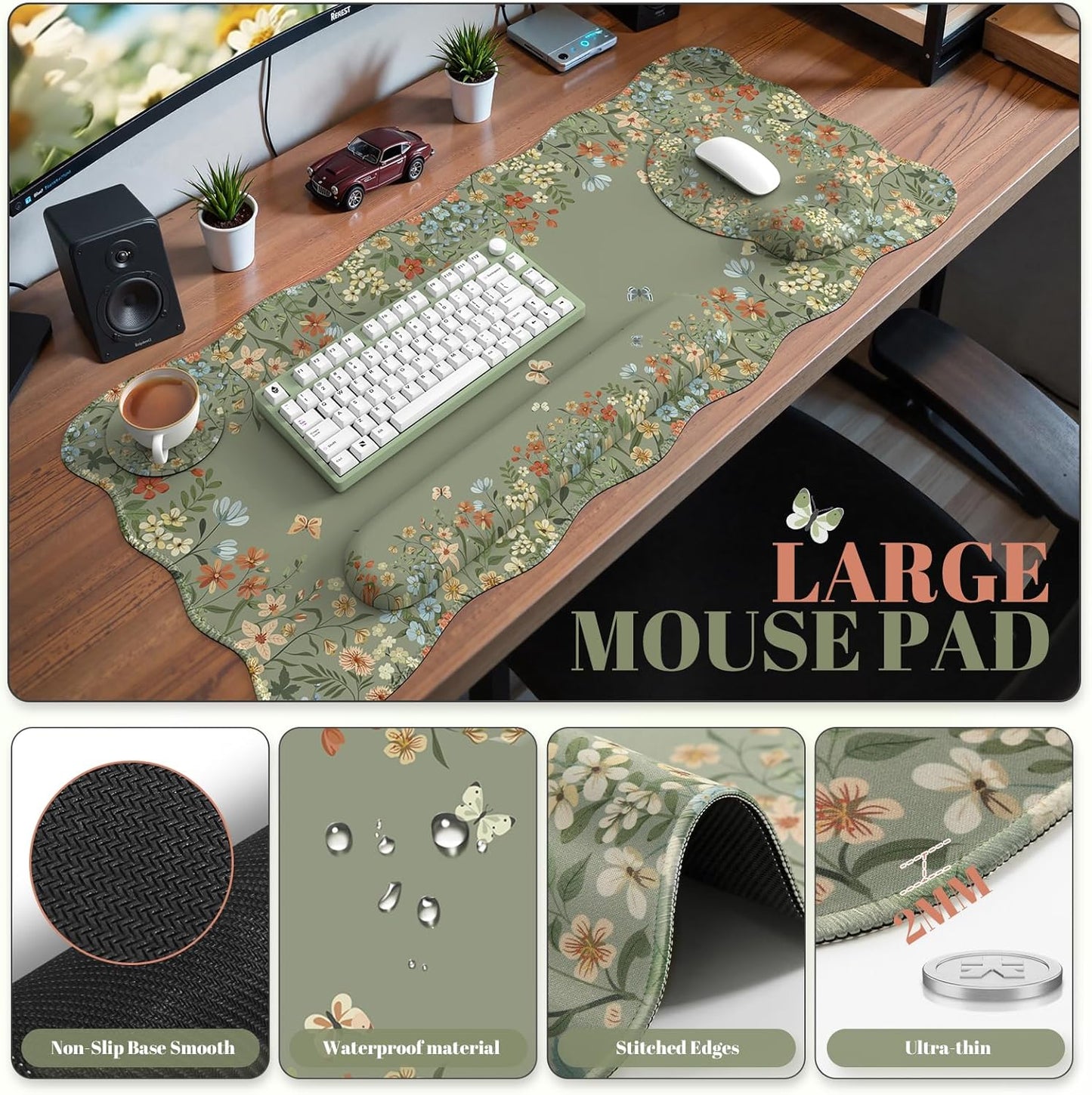 iCasso Desk Mat Set,Large Mouse Pad with Wrist Rest,Ergonomic Keyboard Wrist Support for Women,Girly Floral Computer Mat with Scalloped Edges,Non-Slip Desk Pad Home Office Gaming (Green)