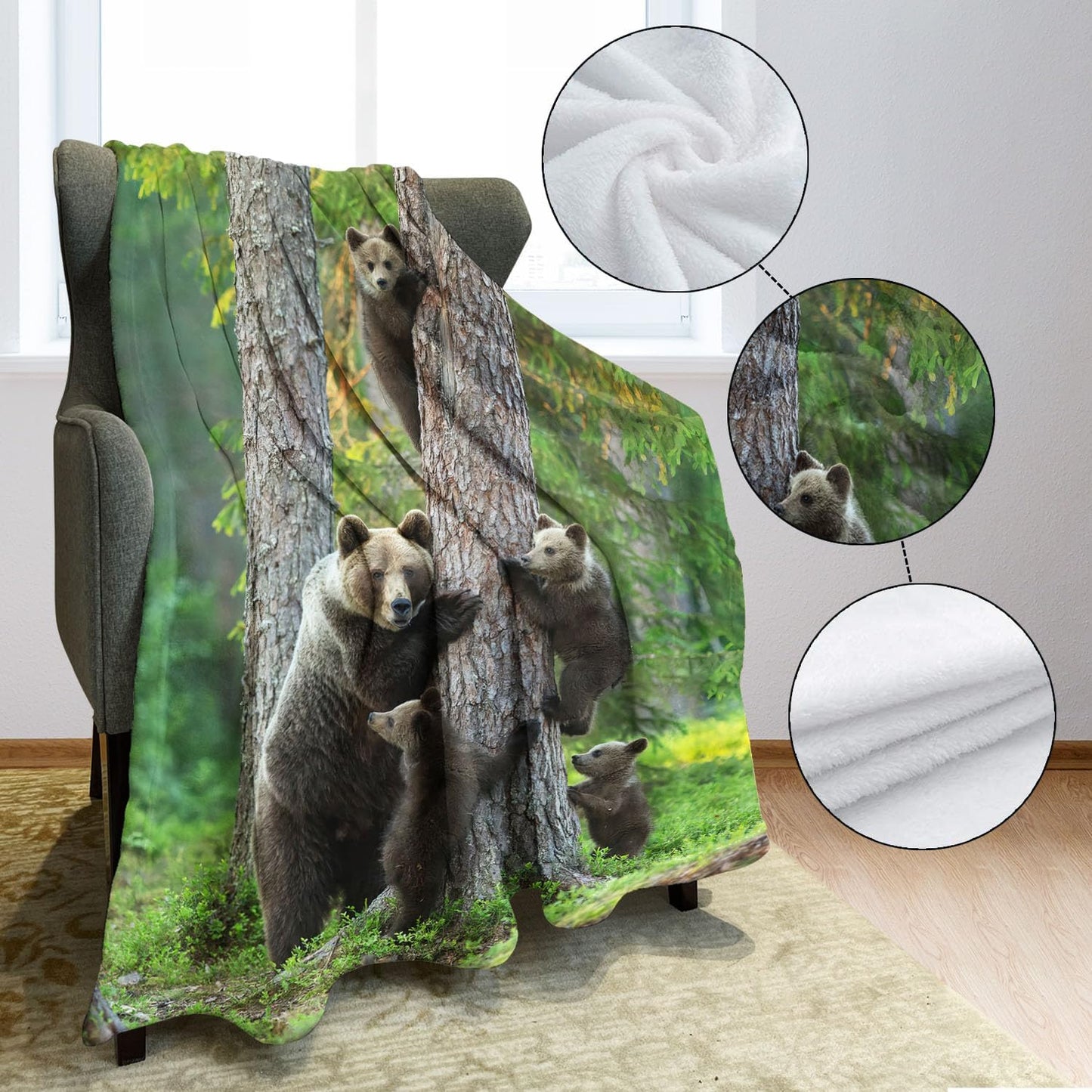 Soft Cozy Fleece Throw Blanket for Couch, Brown Bear Woods, 60X80 Inches