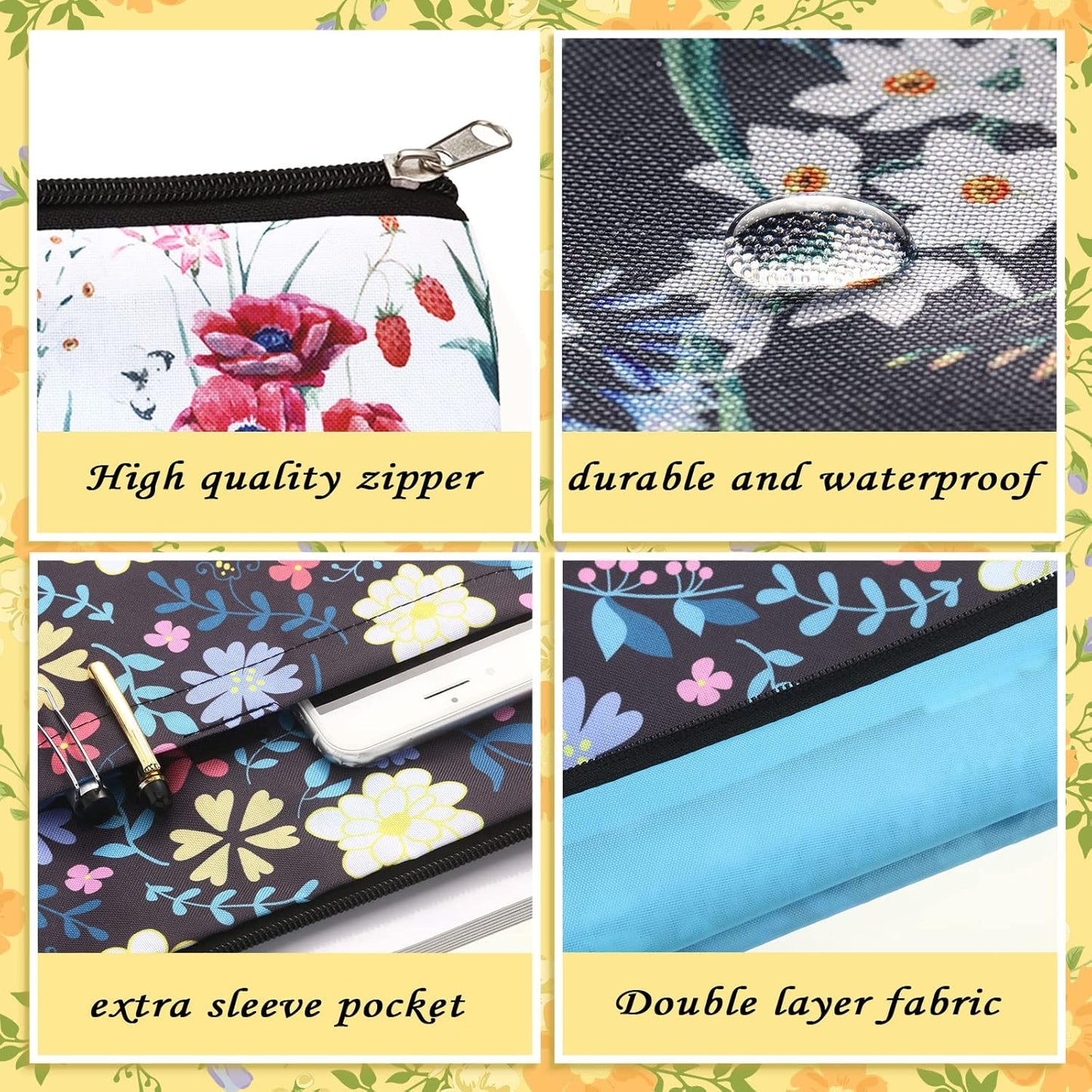 Tinlade 3 Pcs Floral Book Covers with Zipper Cute Flower Pattern Book Covers Lovers Gifts Washable Fabric Protector for Women Friend Sister Accessories Gifts