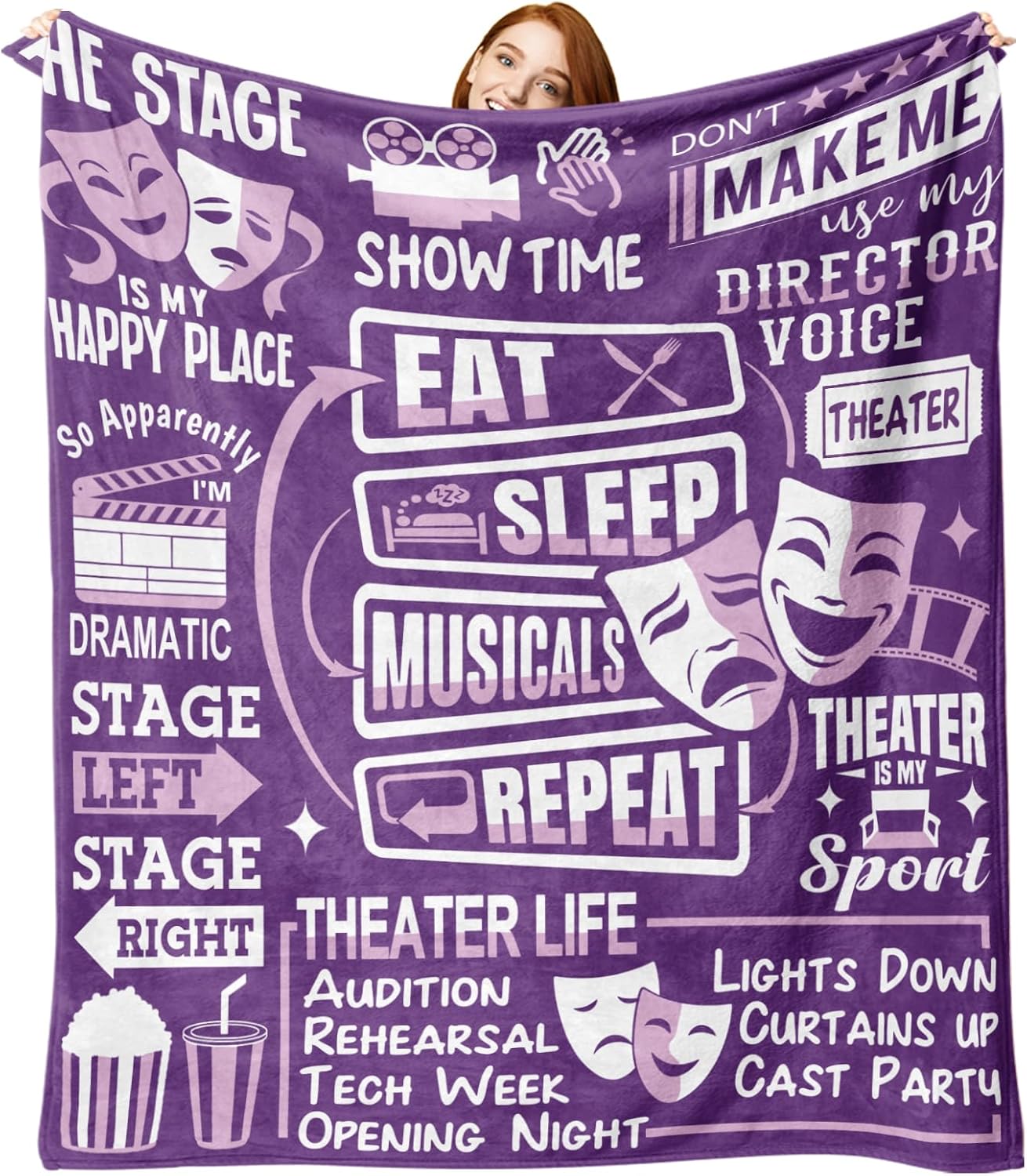 Theater Gifts Flannel Throw Blanket, Eat Sleep Musicals Repeat Present for Broadway Theatre Lover Actor, Birthday Ideas for Women Girl Boy, Soft Blankets for Bedding Sofa 50"x60"