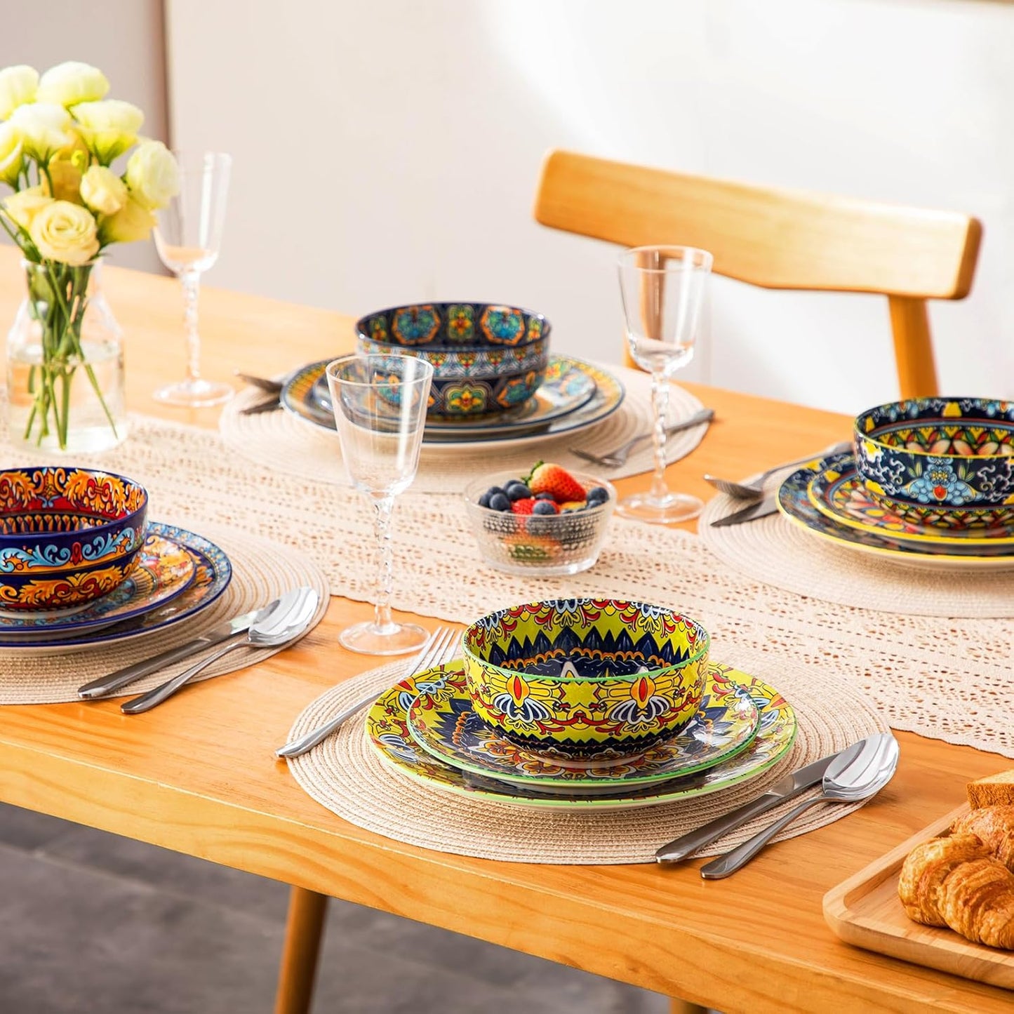 vancasso Plates and Bowls Sets,12-Piece Porcelain Dinnerware Set Service for 4, Bohemian Style Dishes Set for 4, Kitchen Dinner Set, Microwave and Dishwasher Safe, Scratch Resistant, Series KRVI
