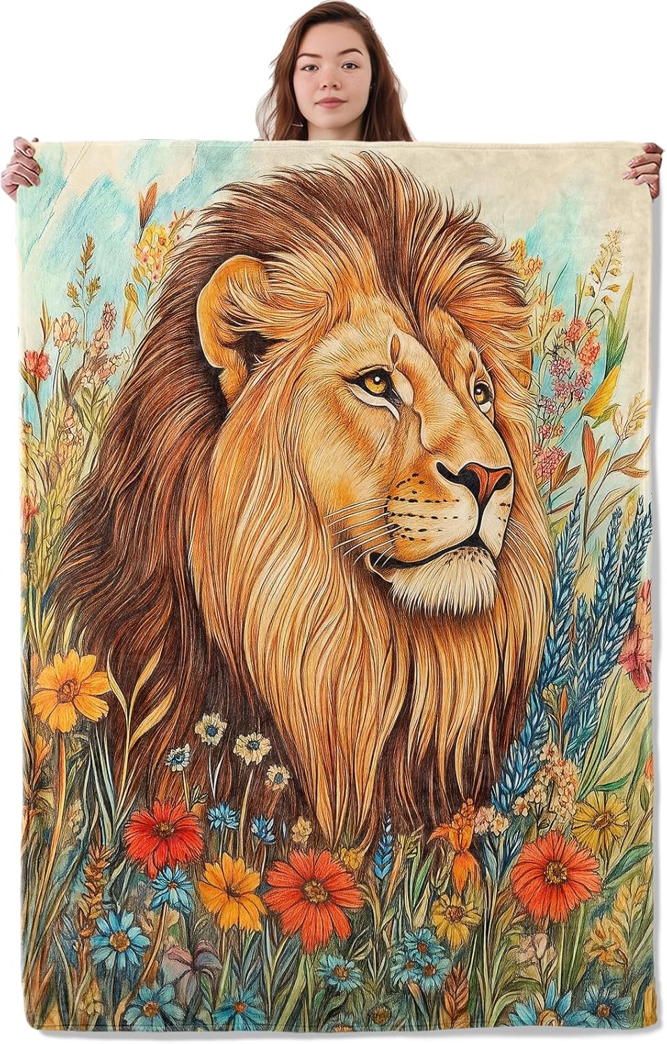 Regal Lion Blanket, Soft Warm Cozy Majestic Lion & Wildflower Throw Blanket Gifts for Adults Kids Women, Lightweight Fuzzy Comfy Flannel Blankets for Couch, Travel, Bed, House Decor 60×50 Inch