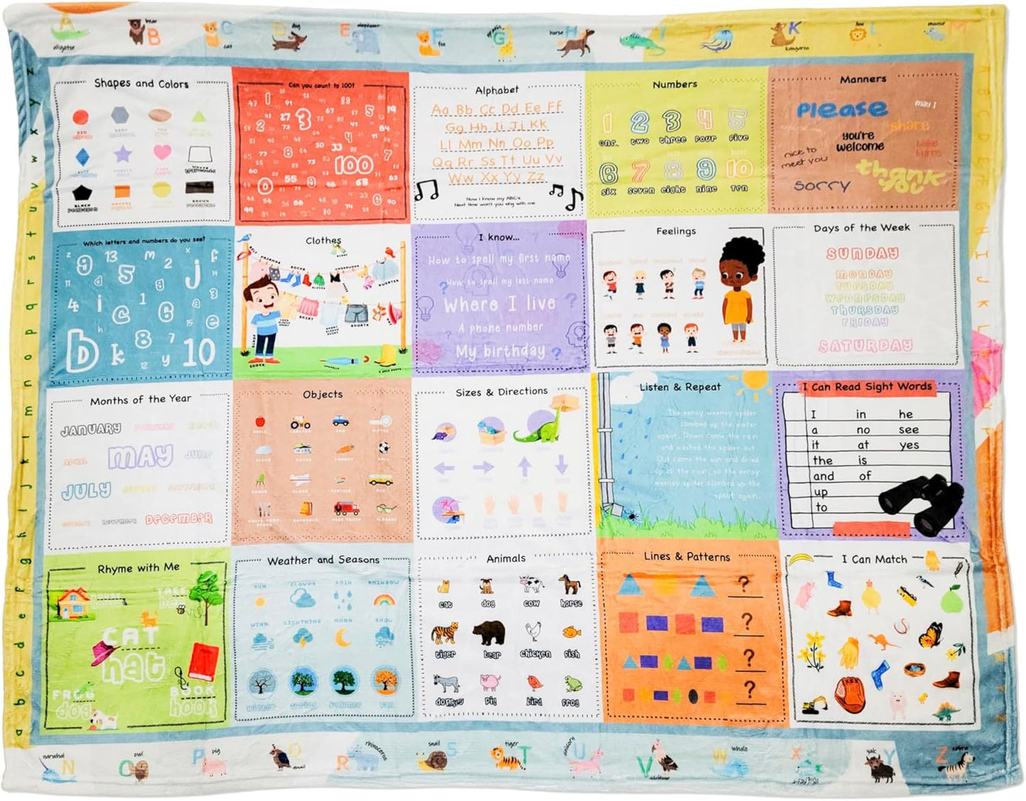 Birdy Boutique Learning Blanket® Kindergarten Readiness, Educational Blanket for Kids, ABC Alphabet Numbers Shapes Colors Animals, Ultra-Soft Minky Plush 50x60, Preschool Toddler Daycare Nap Blanket, Homeschool, Birthday Gift for Kids