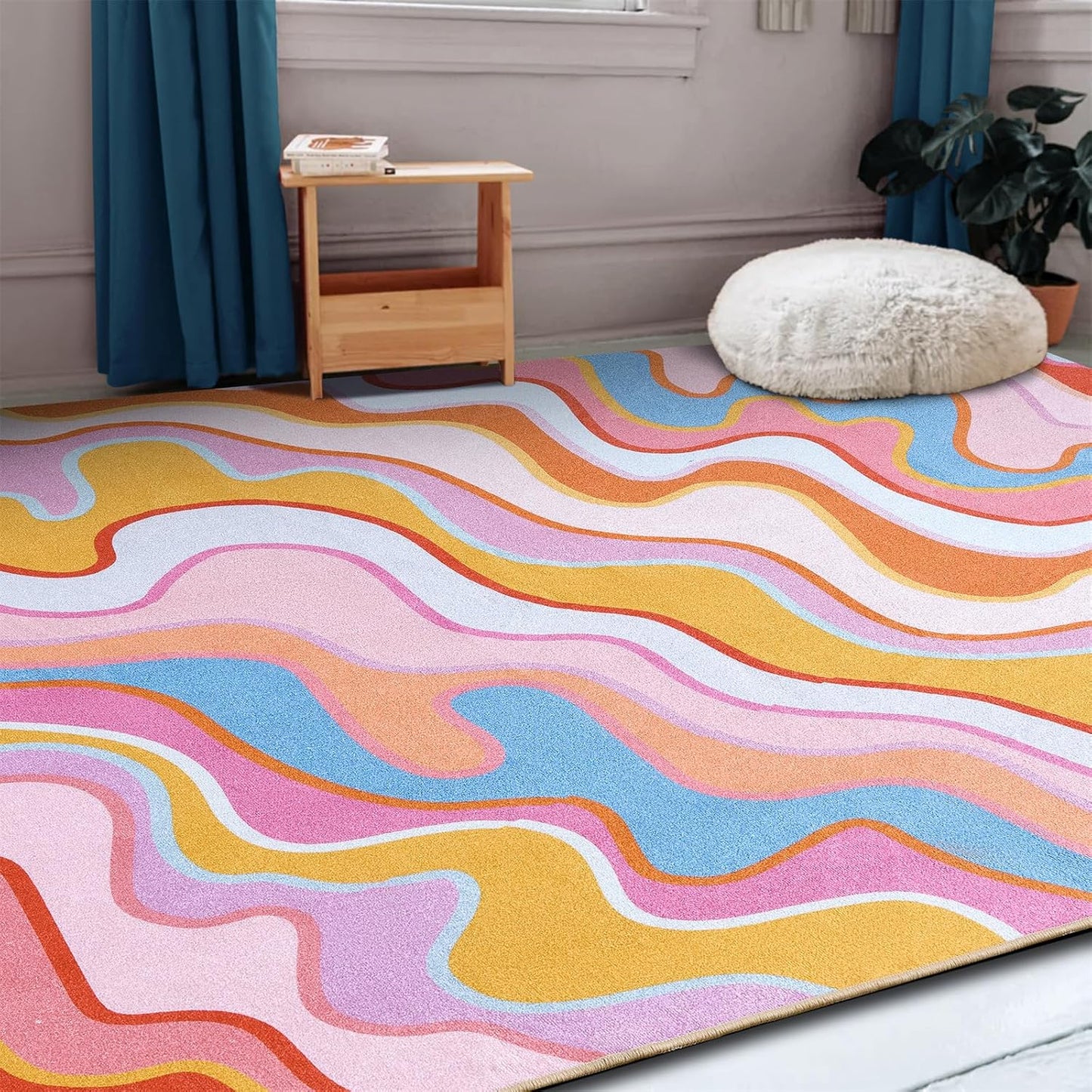 Colorful Abstract 5x7 Area Rug Ultra Thin Flatweave Funky Aesthetic Colorful Striped Bedroom Rug Orange Blush Washable Carpet for Kitchen Entryway Living Dining Room Dorm Nursery