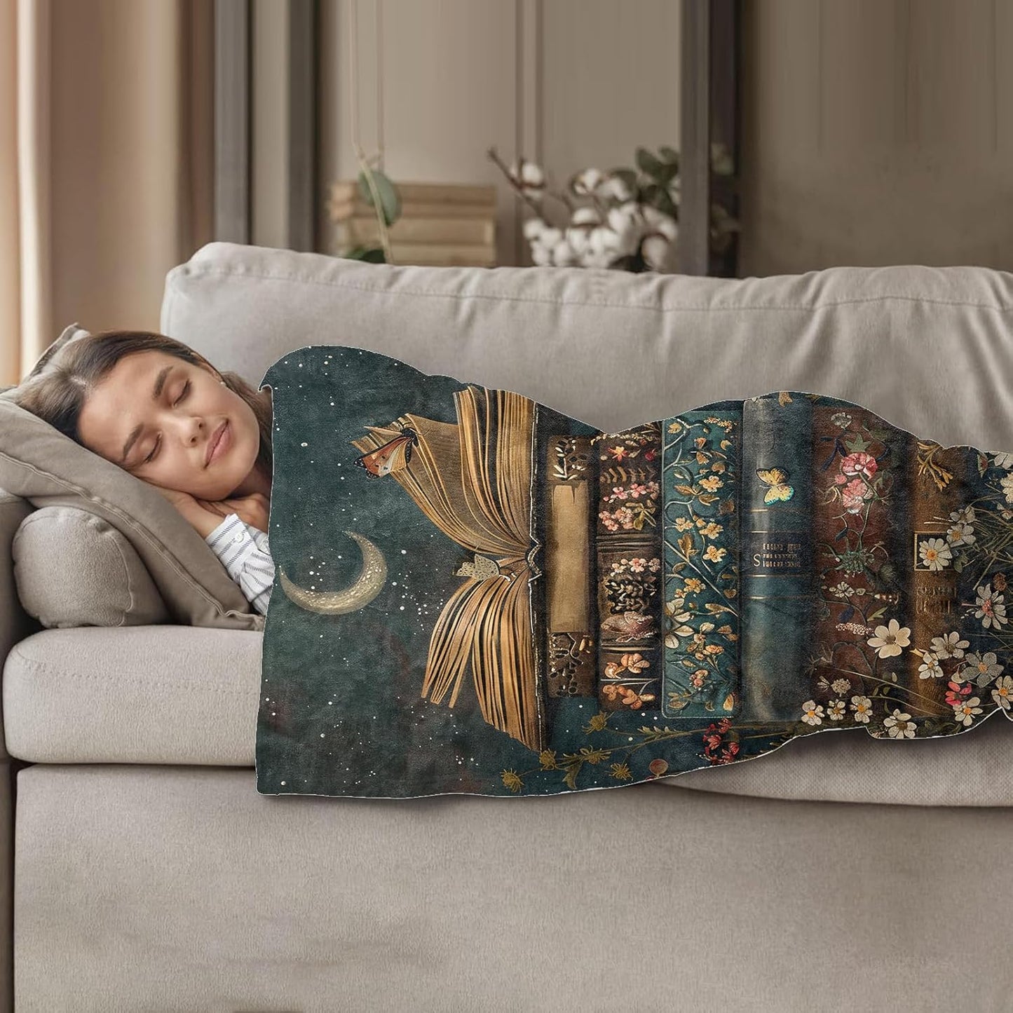 Floral Book Stack Throw Blanket for Women Girls Boys, Soft Flannel Blankets Gifts for Living Room Couch, Home, Sofa Decor, 50"x60"