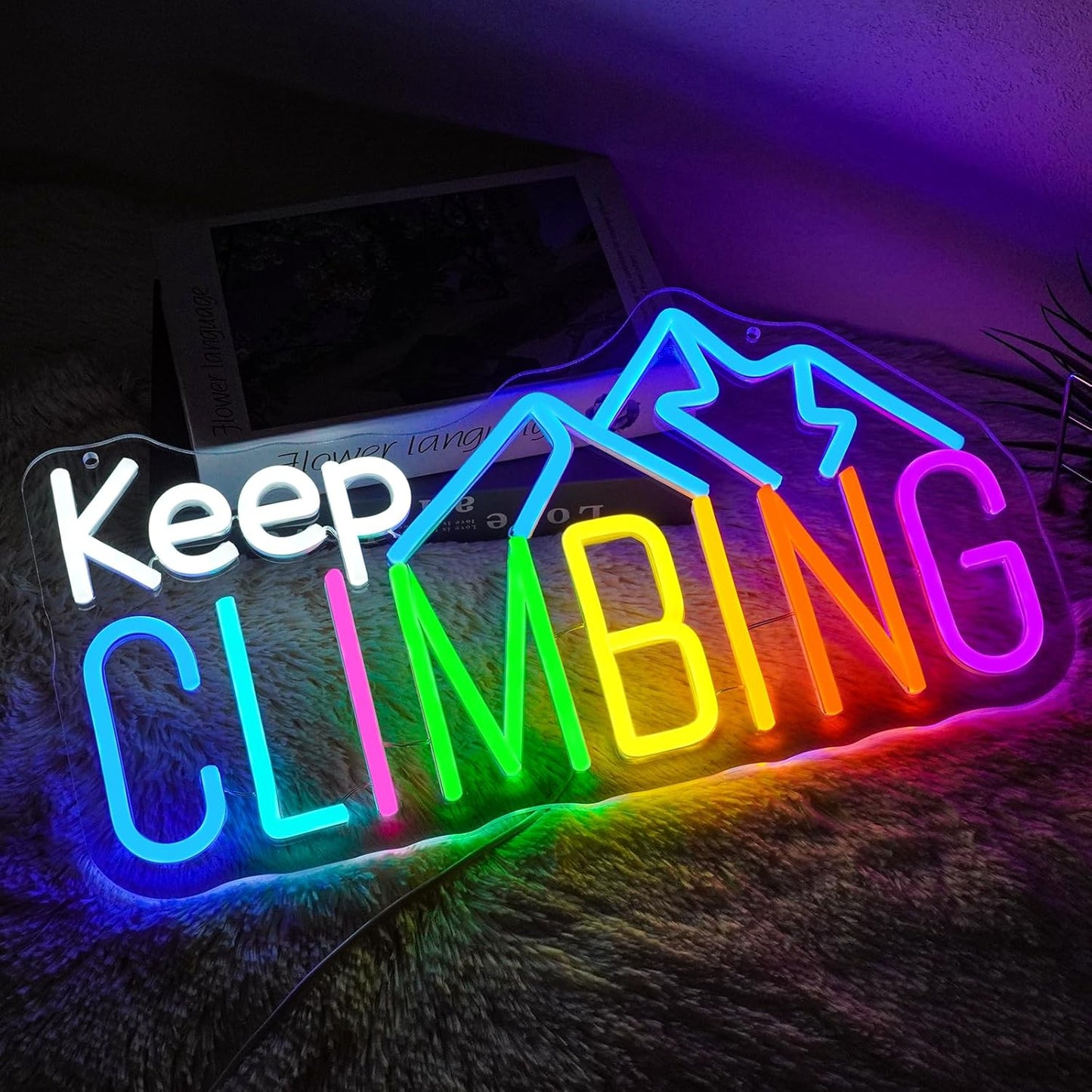 Keep Climbing Neon Sign for Classroom Dimmable Gym Sports Neon Light Sign for Wall Decor Led Signs for Bedroom Office Party Man Cave Gamer Room Decor Gift 16.5" x 8.6"
