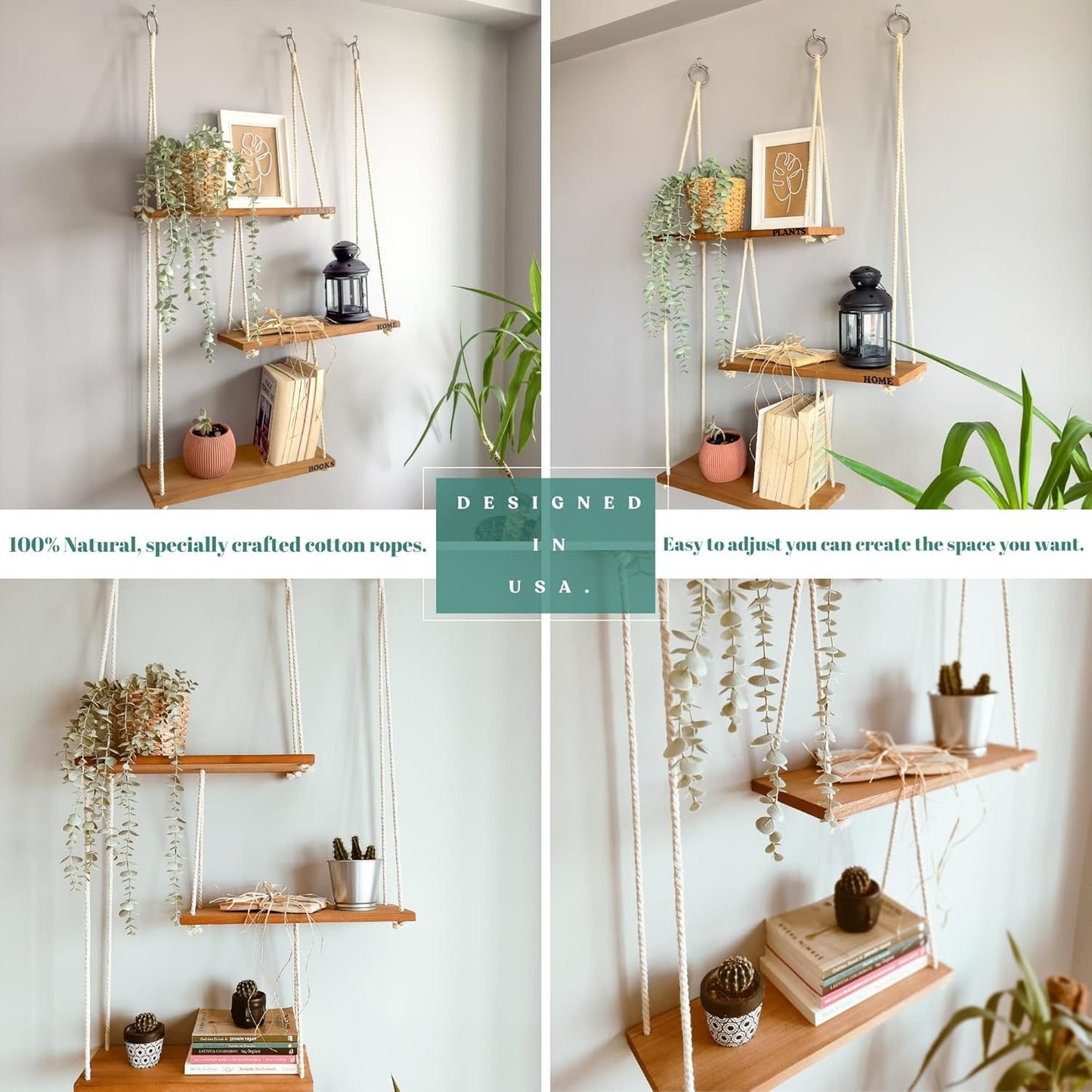Boho Wall Shelves for Plants and Decor - Rope Hanging Shelves for Wall Decor in Living Room, Bedroom, Bathroom | Design Patented | by NWOOD