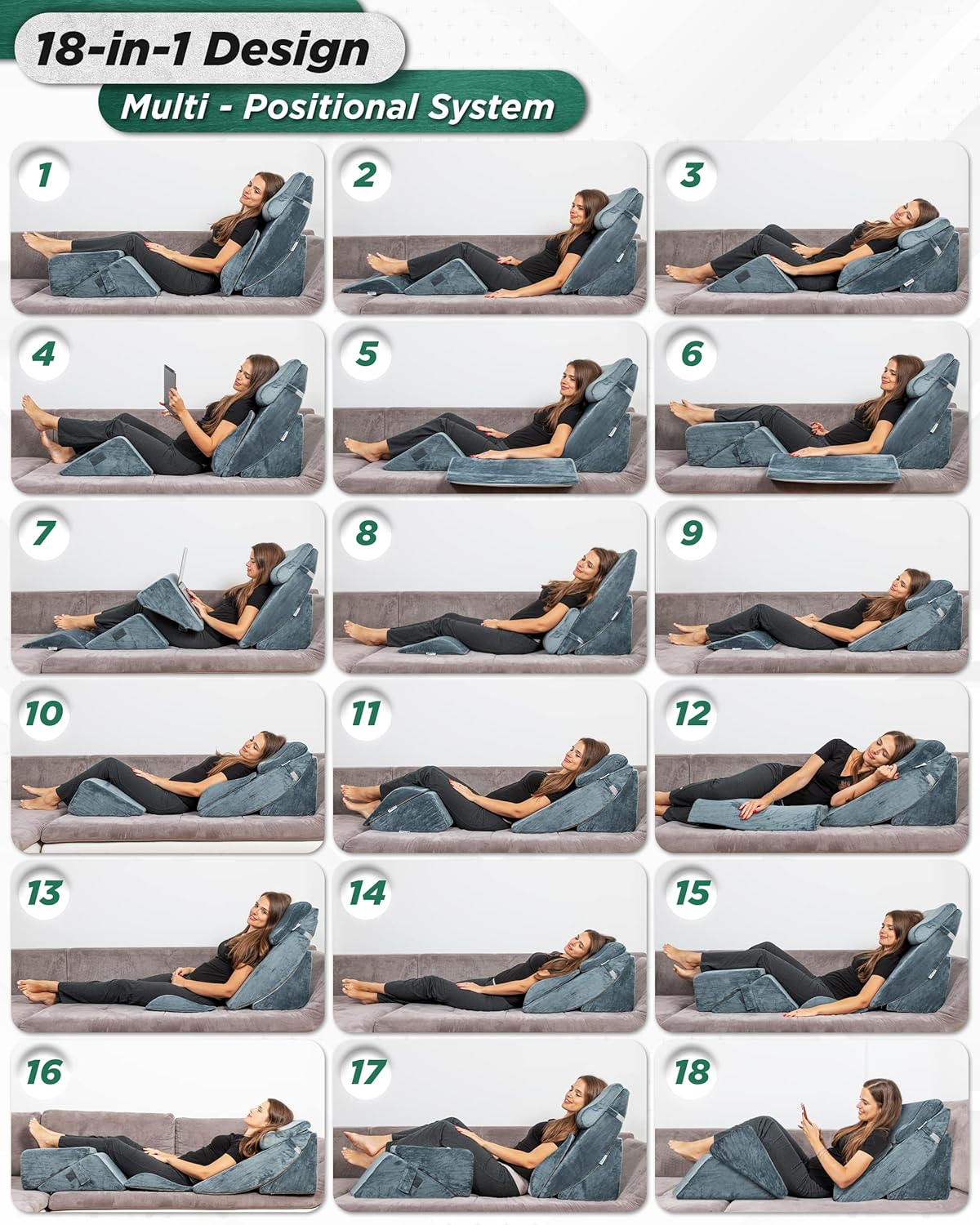 Lunix LX13 6-Piece Post-Surgery Recovery System, Orthopedic Bed Wedge Pillow Set for Tummy Tuck & Back Comfort, Zero-Gravity Memory Foam, Stone Navy with Aloe Vera