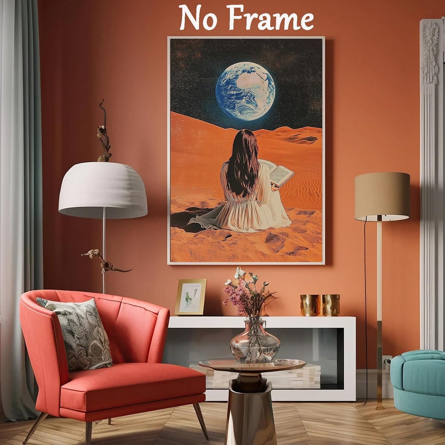 Vintage 70s Wall Art Woman Reading Book Canvas Retro Surreal Collage Poster Trippy Alien Wall Art Vintage Bar Cart Pictures Egoless Aesthetic Posters Retro Trendy Woman Moon Print 16x24inch No Frame