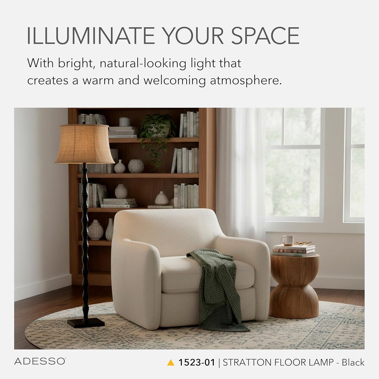 Adesso Black Floor Lamp with Brown Fabric Shade – 3-Way Adjustable Brightness Accent Lighting for Bedroom, Living Room or Home Office, 62” Tall