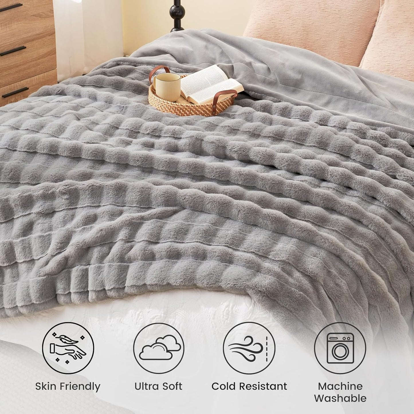 Cozy Bliss Fluffy Faux Fur Throw Blanket for Couch,Warm Cozy Soft Grey Throw Blankets for Sofa Bed Living Room,60x80 Inches