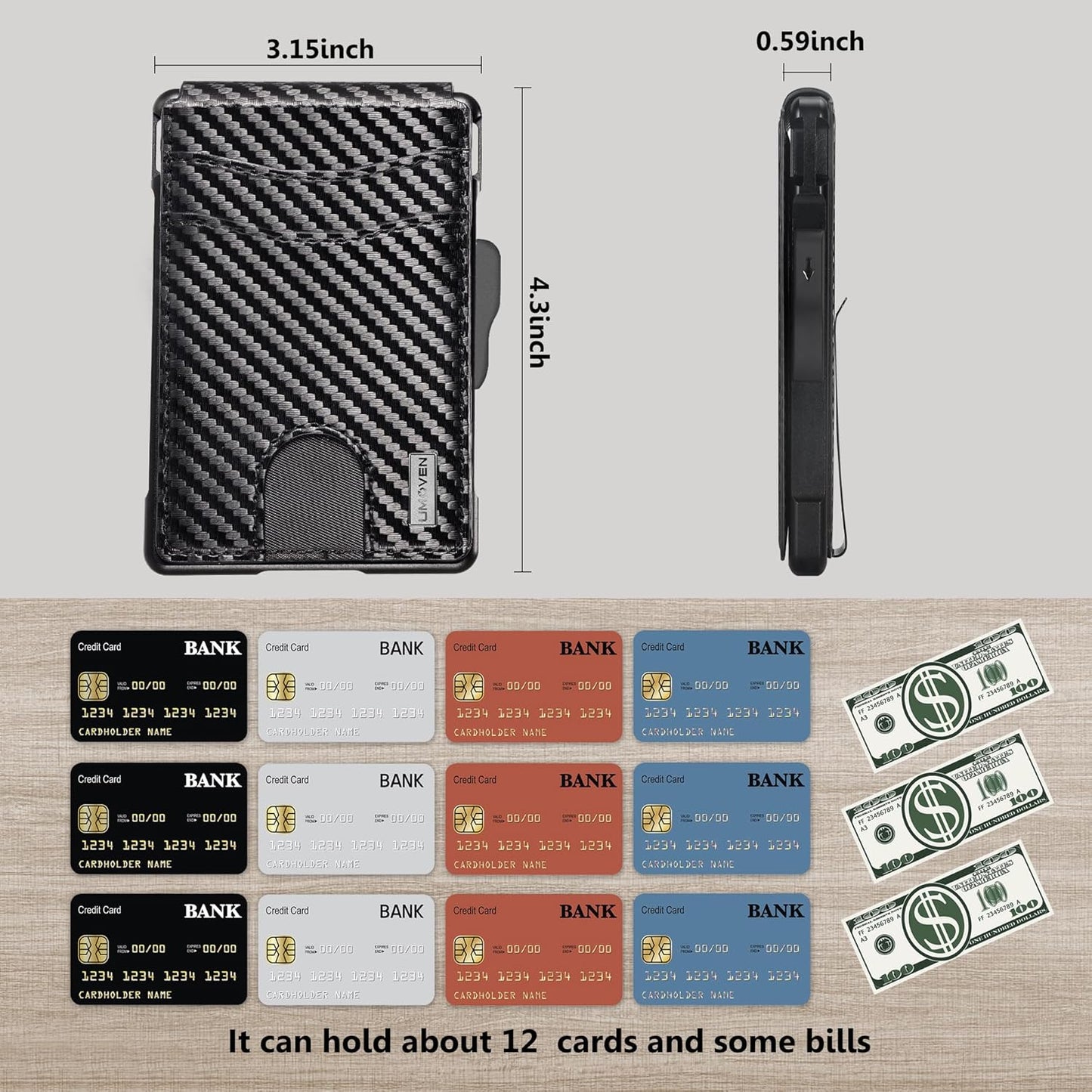 umoven Wallet for Men - with Money Clip Slim Leather Slots Credit Card Holder RFID Blocking Bifold Minimalist Wallet (Carbon Black)