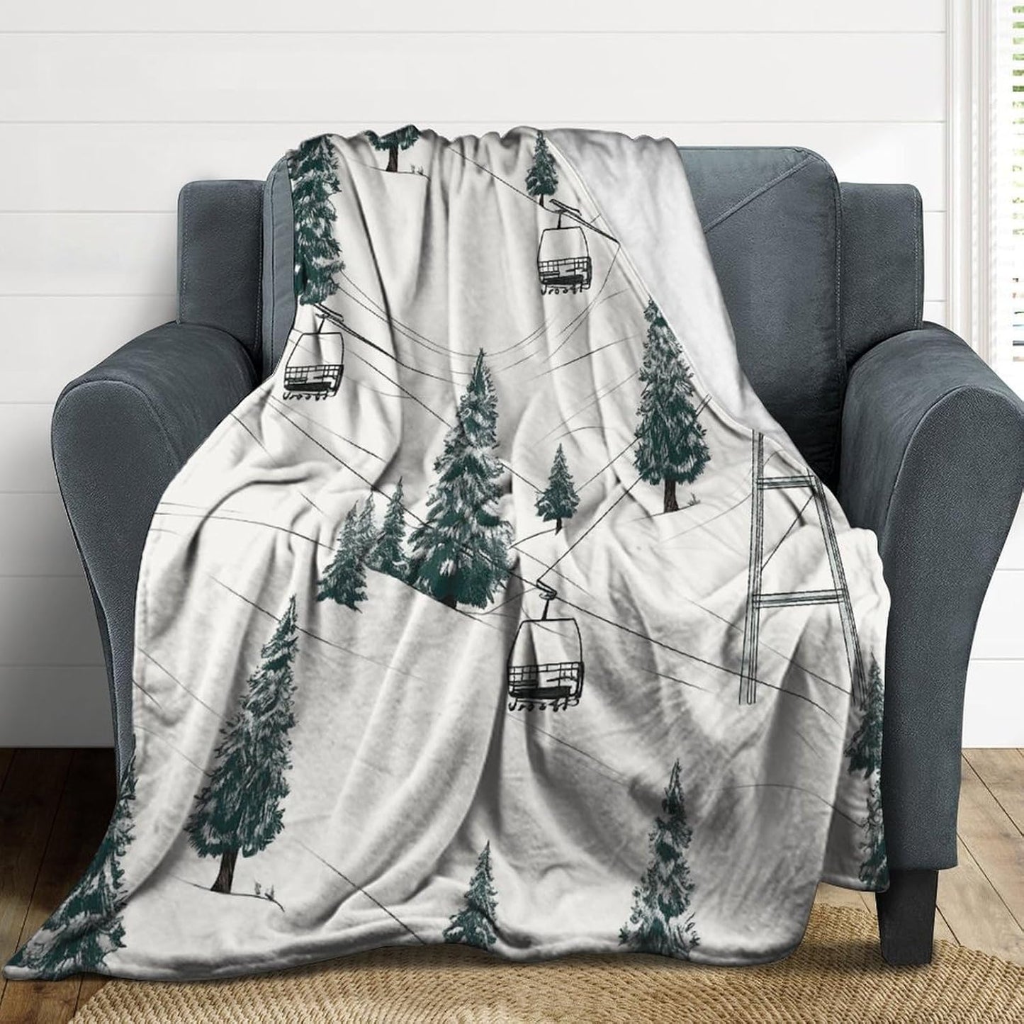 Ski Lift with Fir Tree Blanket Super Soft Lightweight Throw Blanket Cute Cozy Warm Bed Blanket Decorative Fuzzy Blanket All-Season Home Decor Gift for Sofa Couch Living Room 60"*80"（150 * 200cm）