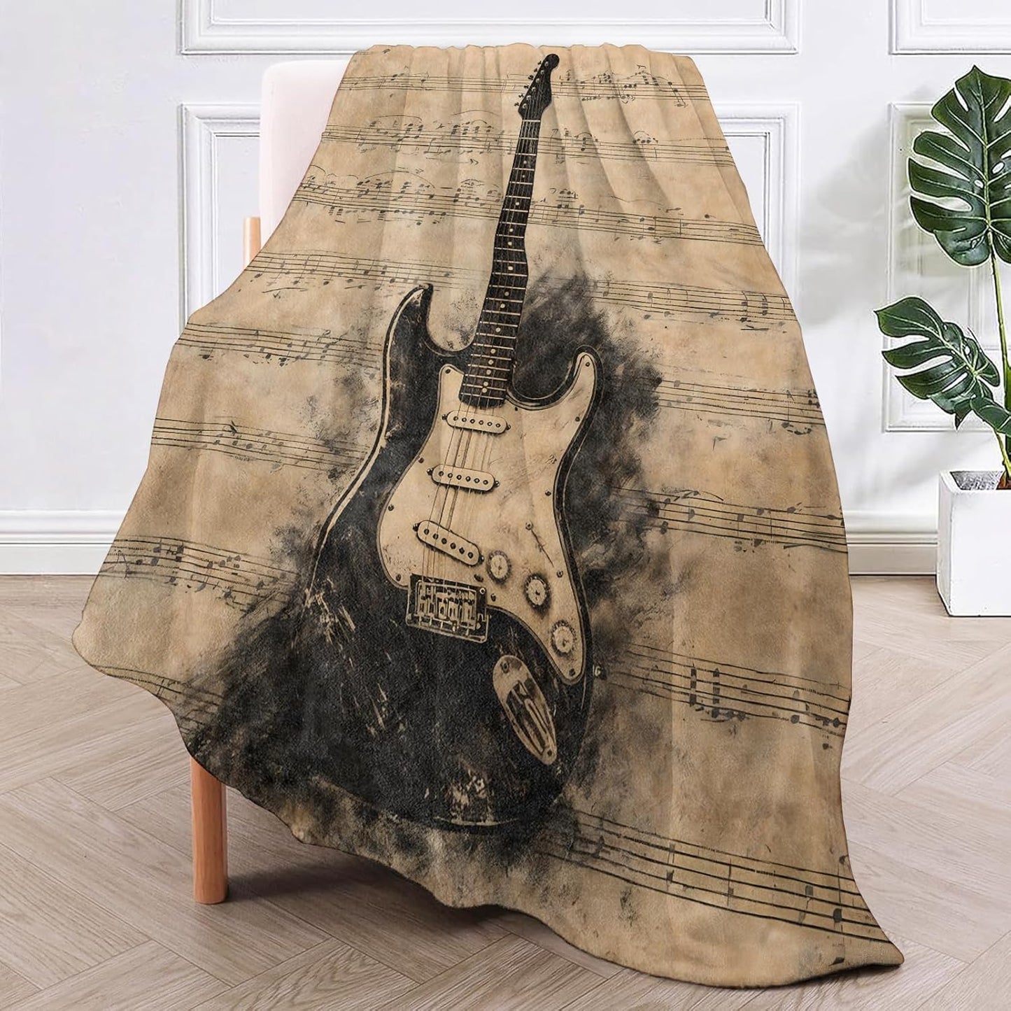 Vintage Electric Guitar Throw Blanket, Retro Musical Instrument and Sheet, Soft Flannel Fleece, 50x60 Inch, Couch Sofa Studio Room Blankets for Music Lovers, Cozy Musician Home Decor Gifts