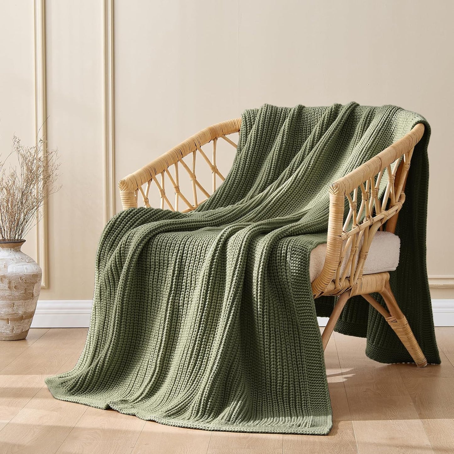Chunky Knit Olive Green Throw Blanket 60"x80",Soft Cozy Thick Knitted Blanket for Couch Sofa Bed, Cute Decorative Throw for Living Room
