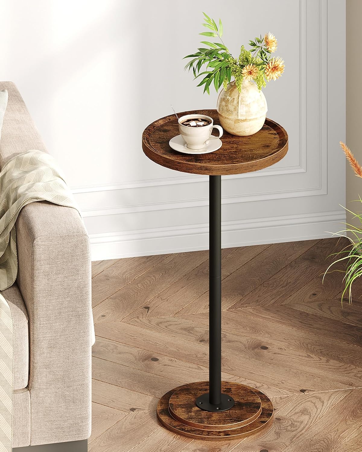 Drink Table, Small Round Side Table for Small Spaces, Thickened Base End Table, for Living Room, Bedroom, Rustic Brown and Black TBZ30BF