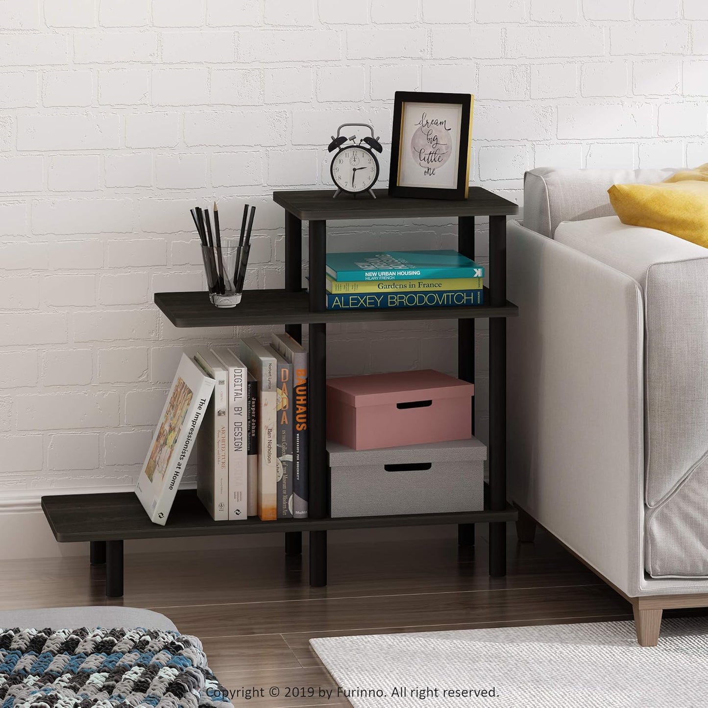 Furinno Turn-N-Tube 3-Tier Sofa Side Table, Espresso/Black, 31.5 in x 11.61 in x 25.63 in