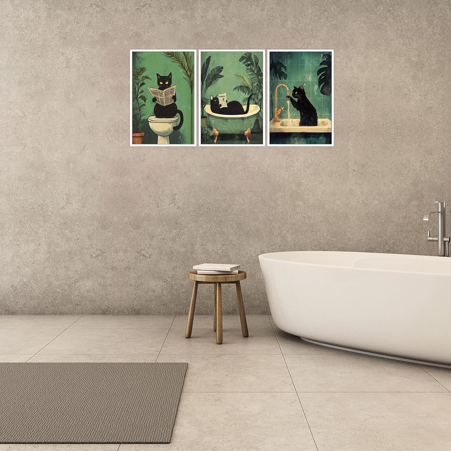 3pcs Funny Black Cat Bathroom Canvas Wall Art Cute Cat Wash Its Paws Reading Newspaper Poster Modern Abstract Green Aesthetic Animal Prints Painting For Bathroom Toilet Wall Decor 8x10in Unframed