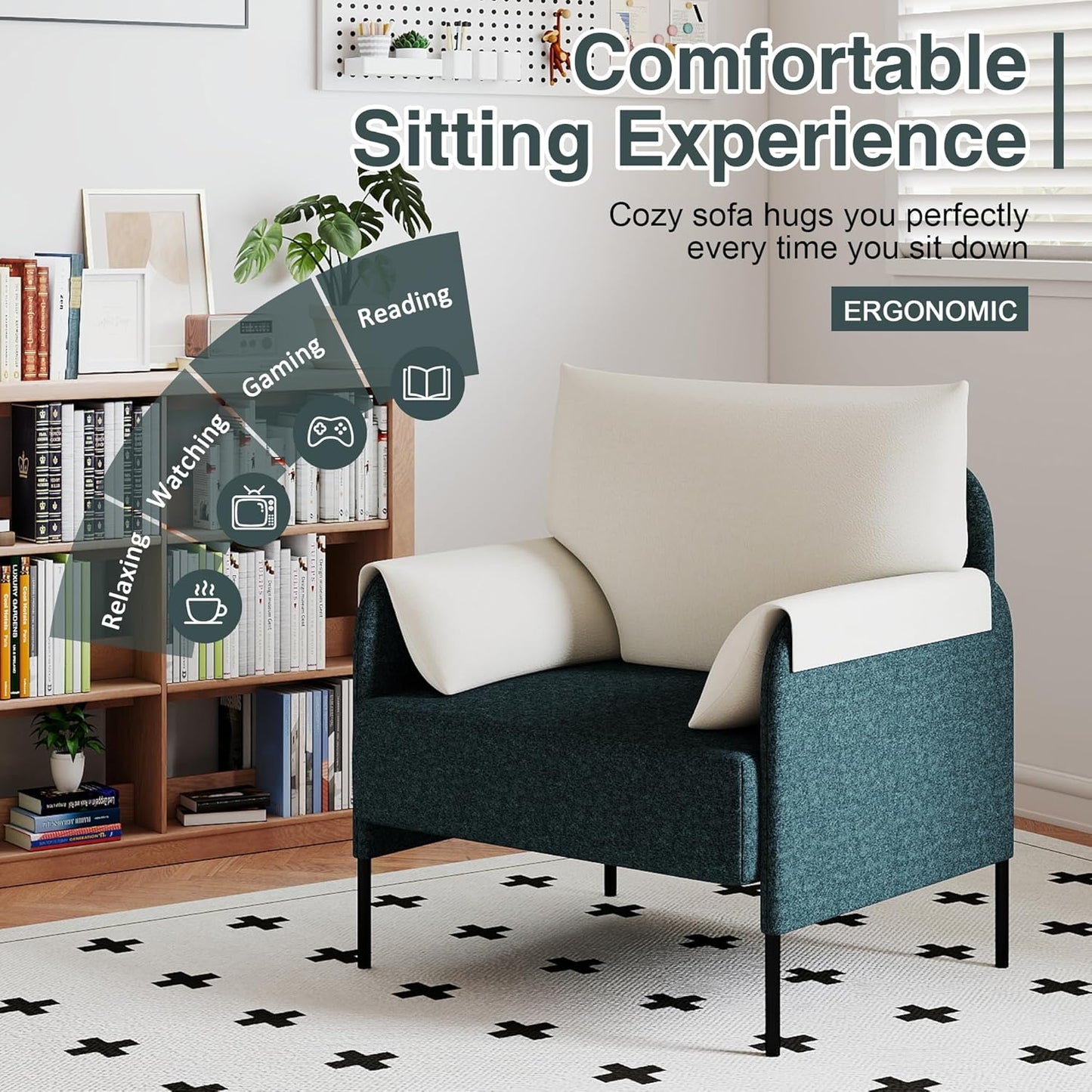 LSSPAID Accent Chair, Modern Comfy Linen Upholstered Armchairs with Removable Pillowed Back and Armrests, Sturdy Metal Frame Living Room Chair, Dark Green