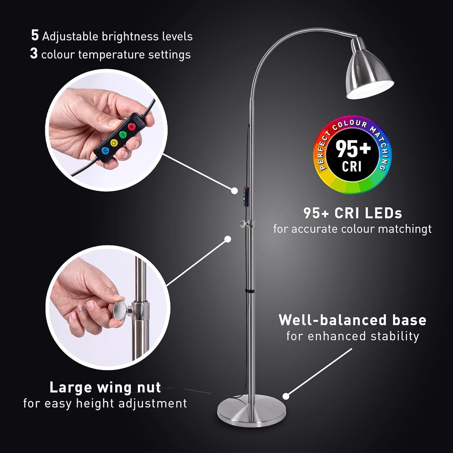 Daylight FlexiVision 2™ LED Floor Lamp – 3,500 Lux at 12", 5 Brightness Levels, 3 Color Temperatures, 95+ CRI, Adjustable Arm & Swivel Head, Anti-Tip Base, Low Vision Aid – Brushed Steel