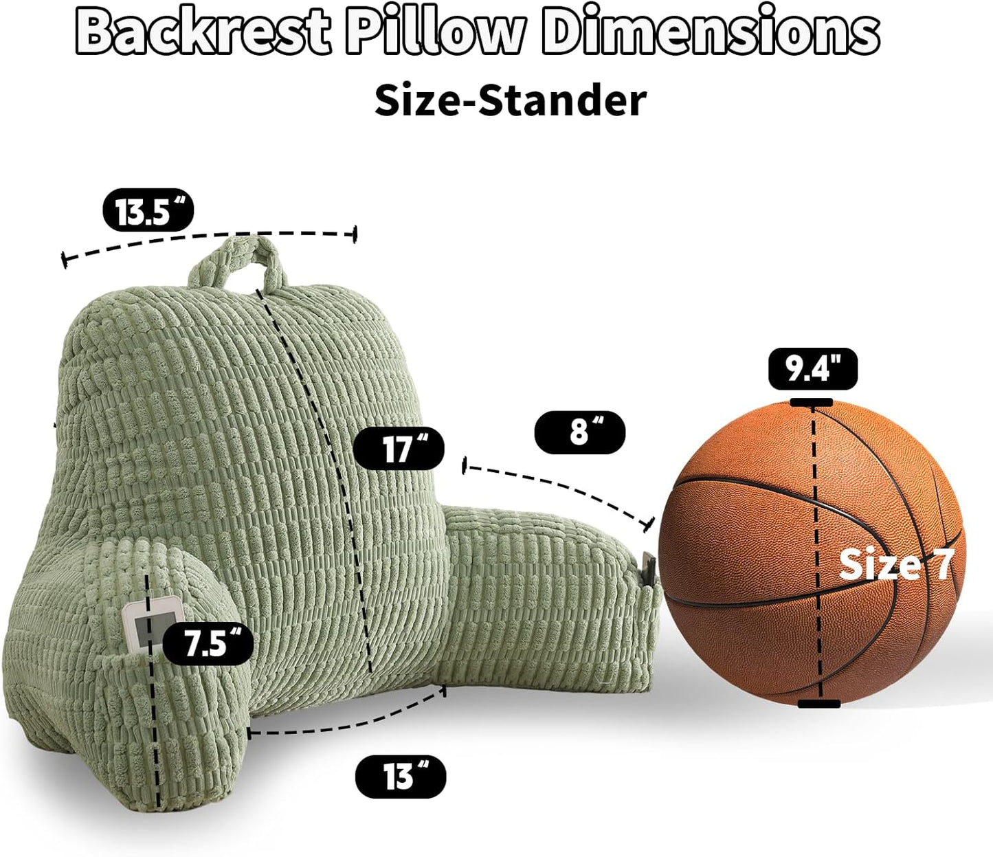 Reading Pillow for Bed,Large Backrest Reading Pillow with Arm Rest,Back Rest Support Cushion for Sit Up on Couch,Sofa,and Floor(Green Corduroy,Standard(17"))