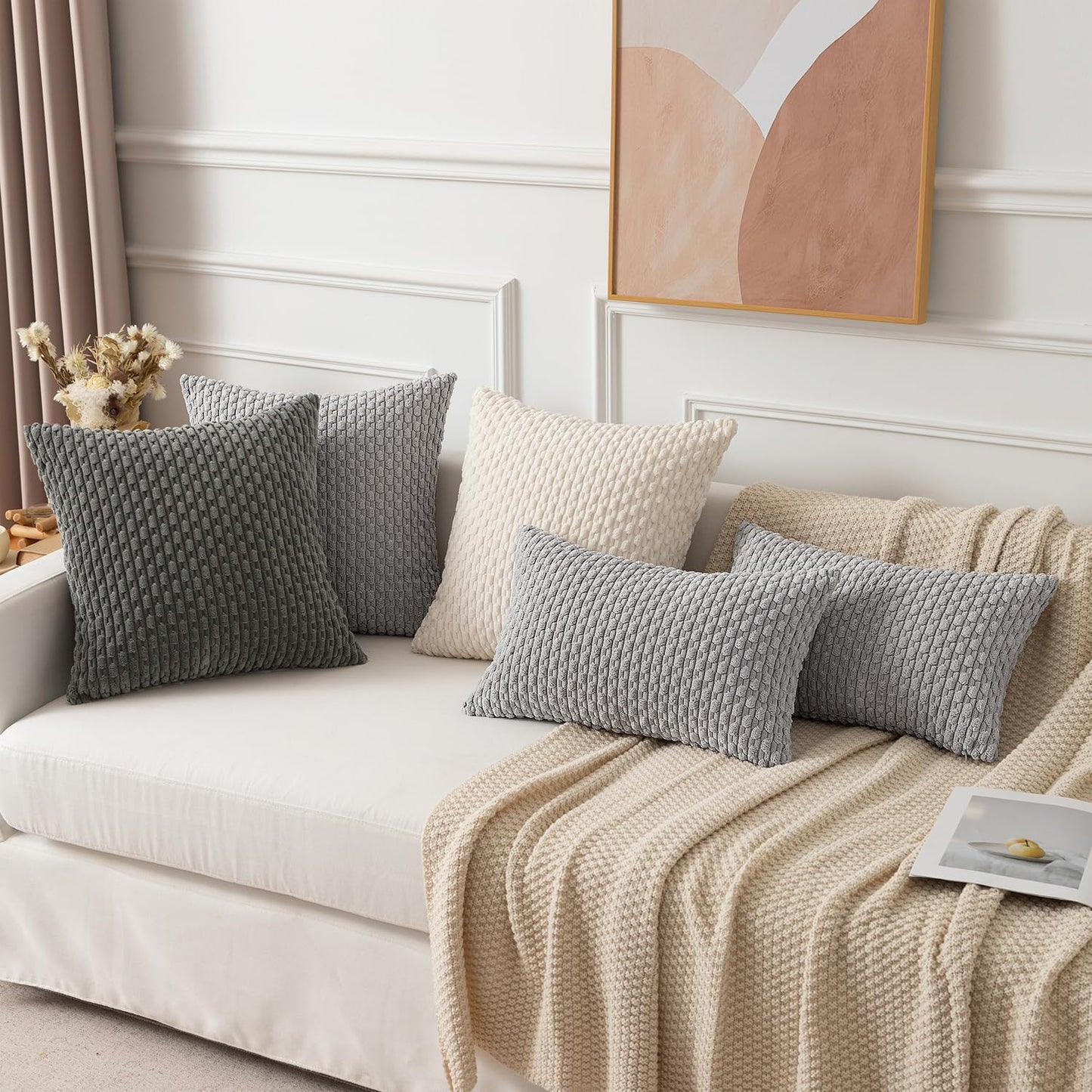 Kevin Textile Decor Solid Decorative Pillow Case Striped Jacquard Cushion Cover for Lumbar Light Grey 12x20 Inch (30x50cm) 2 Pieces
