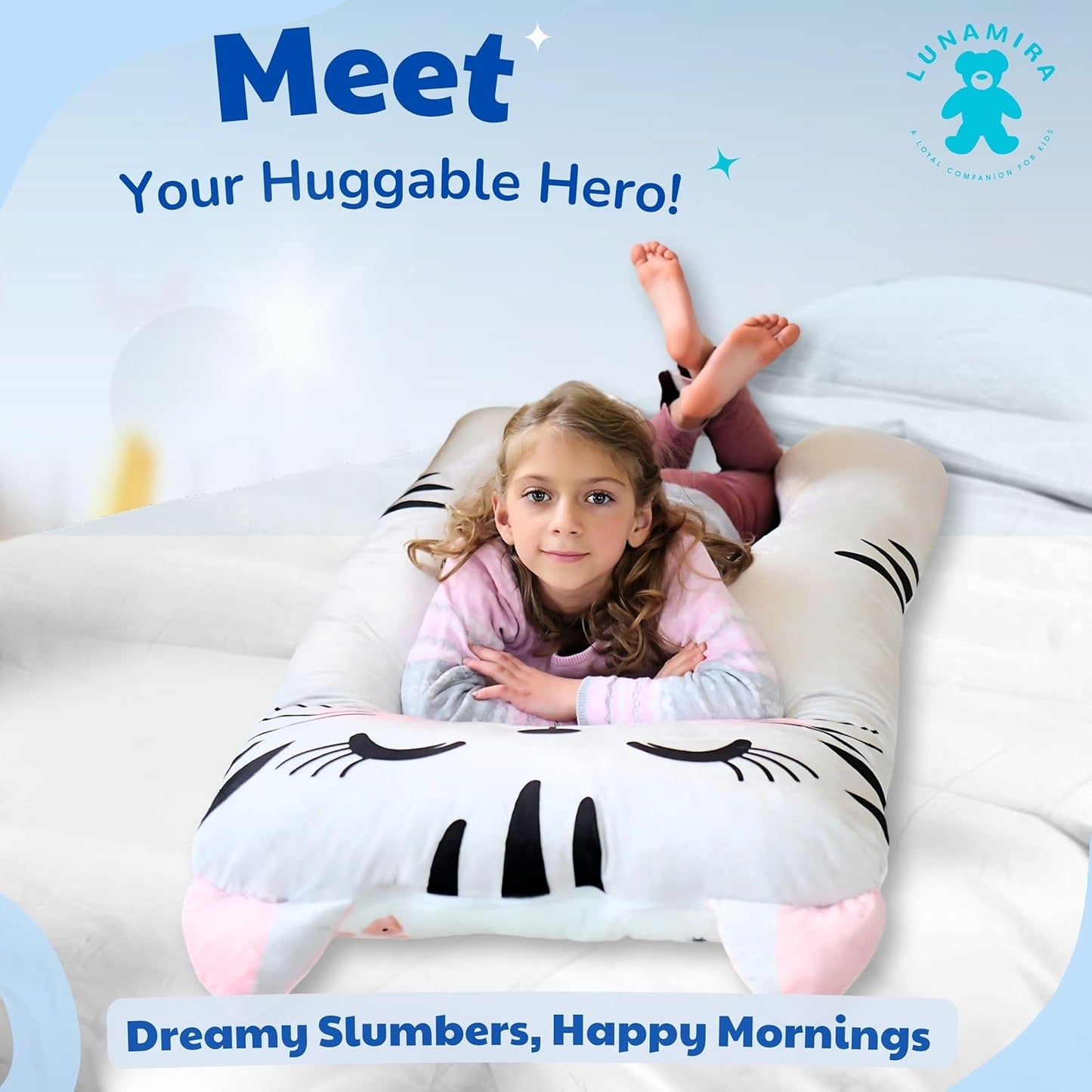 LUNAMIRA Cat Kids Body Pillow - 47" U-Shape Long Plush Soft Animal Pillow for Kids, Sleeping, Reading, ADHD & Special Needs Comfort, Anxiety, Washable Cover, Snuggle Fun Cuddle Gift for Boys & Girls