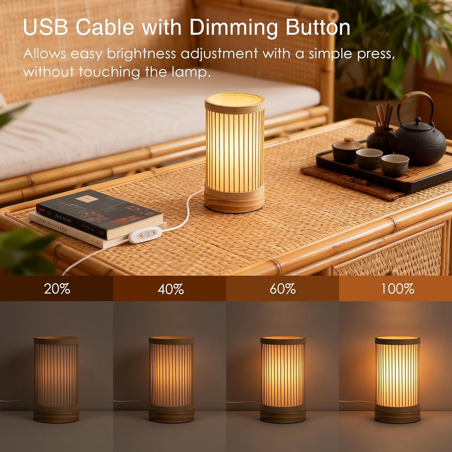 Bamboo Table Lamp, Small Boho Rattan Lamp Decorative with Dimmable Light, Woven Bedside Lamp for Bedroom, Cozy Nightstand Desk Lamps for Cafe/Entryway/Tabletop/Shelf Decor