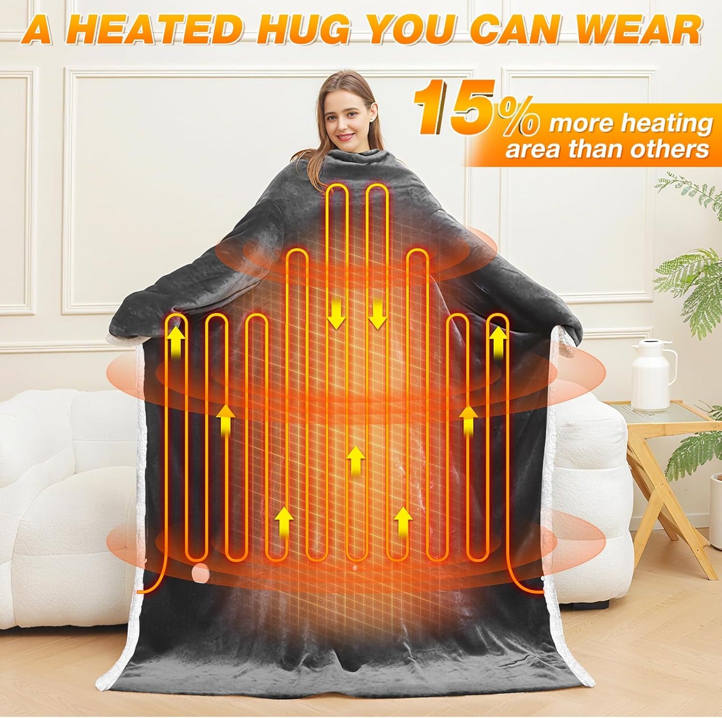 Wearable Heated Blanket with with Foot Pocket, Electric Blanket Wearable with Sleeves, Electric Throw Wrap Poncho Shawl, 8 Heating Levels & 12 Hours Time Settings, Machine Washable, 50 x 70 Inch