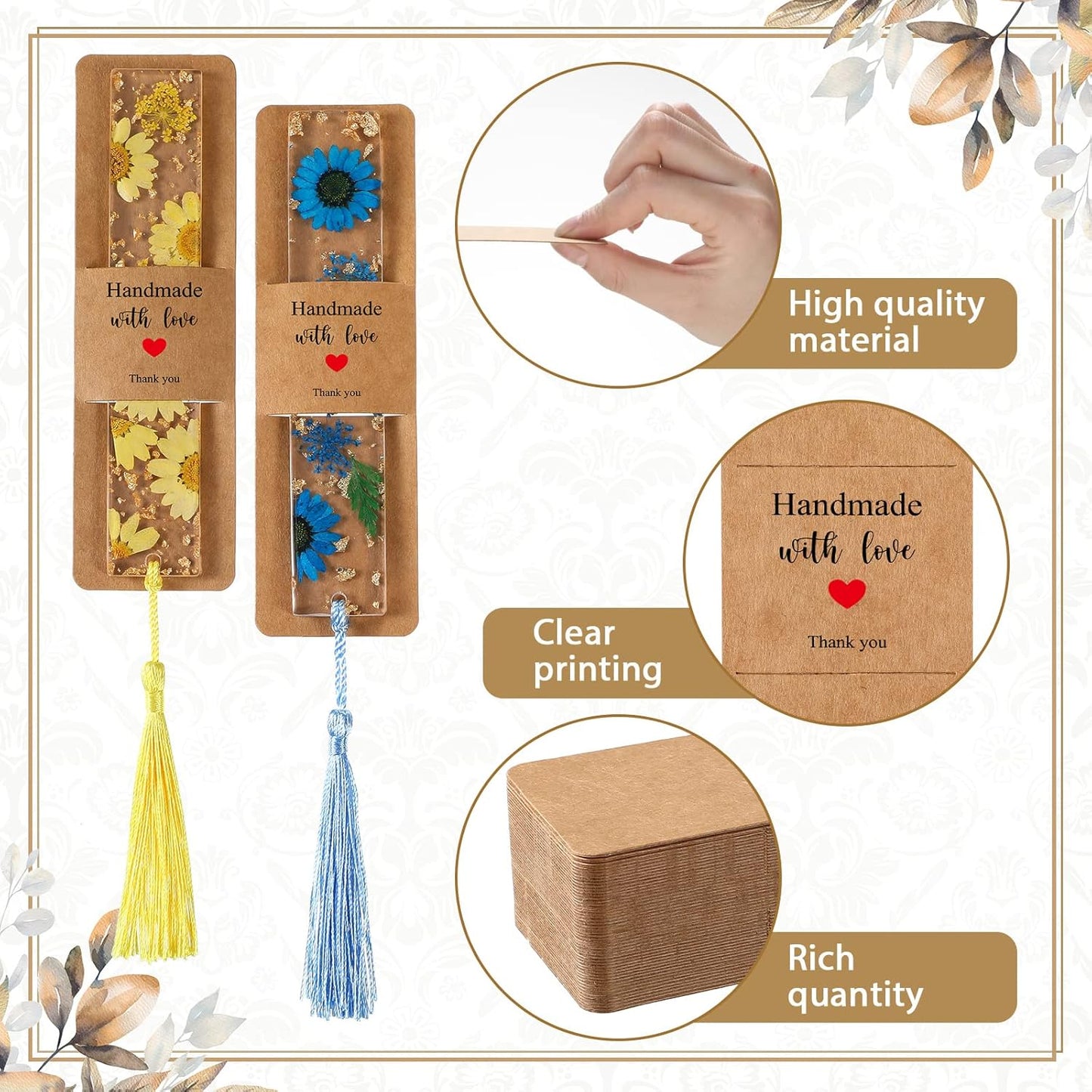 Fumete 50 Pieces Resin Bookmark Holder 5.9 x 1.8 Inches Kraft Bookmark Sleeves DIY Bookmarks Display Cards for Bookmark Wrapping Small Business Packaging Supplies Party Favor Gift (Brown, Warm)