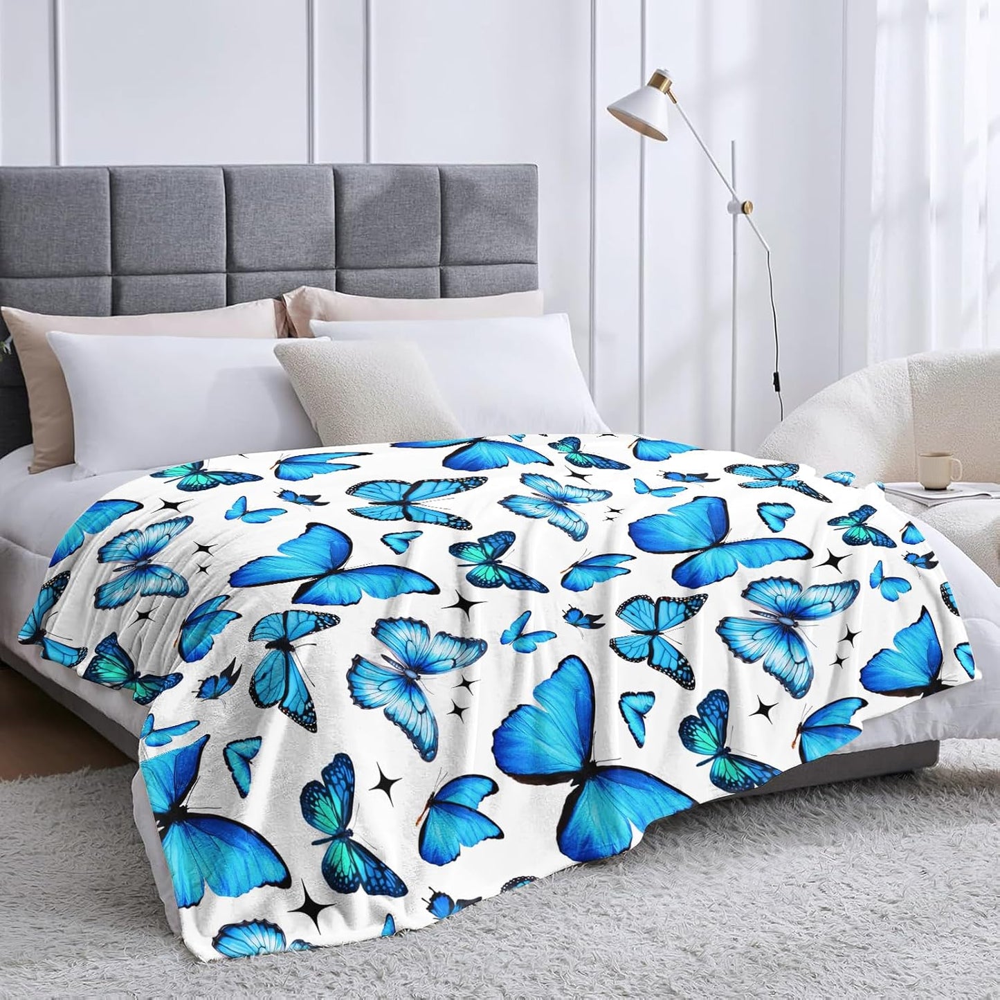 Butterfly Blanket Gifts for Women Girls Soft Flannel Blue Butterfly Throw Blanket Birthday Gifts Bedding Decor for Kids Adults All Season 50" x 40"