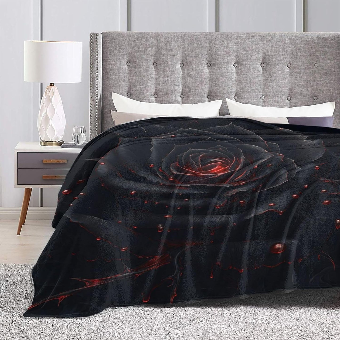 Rose Blanket Gifts for Women Girls Mom Wife, Flannel Goth Black Rose Throw Blankets for Bed Living Room Sofa Couch Traveling Camping, Soft Warm Lightweight Plush Rose Decor 50x60in